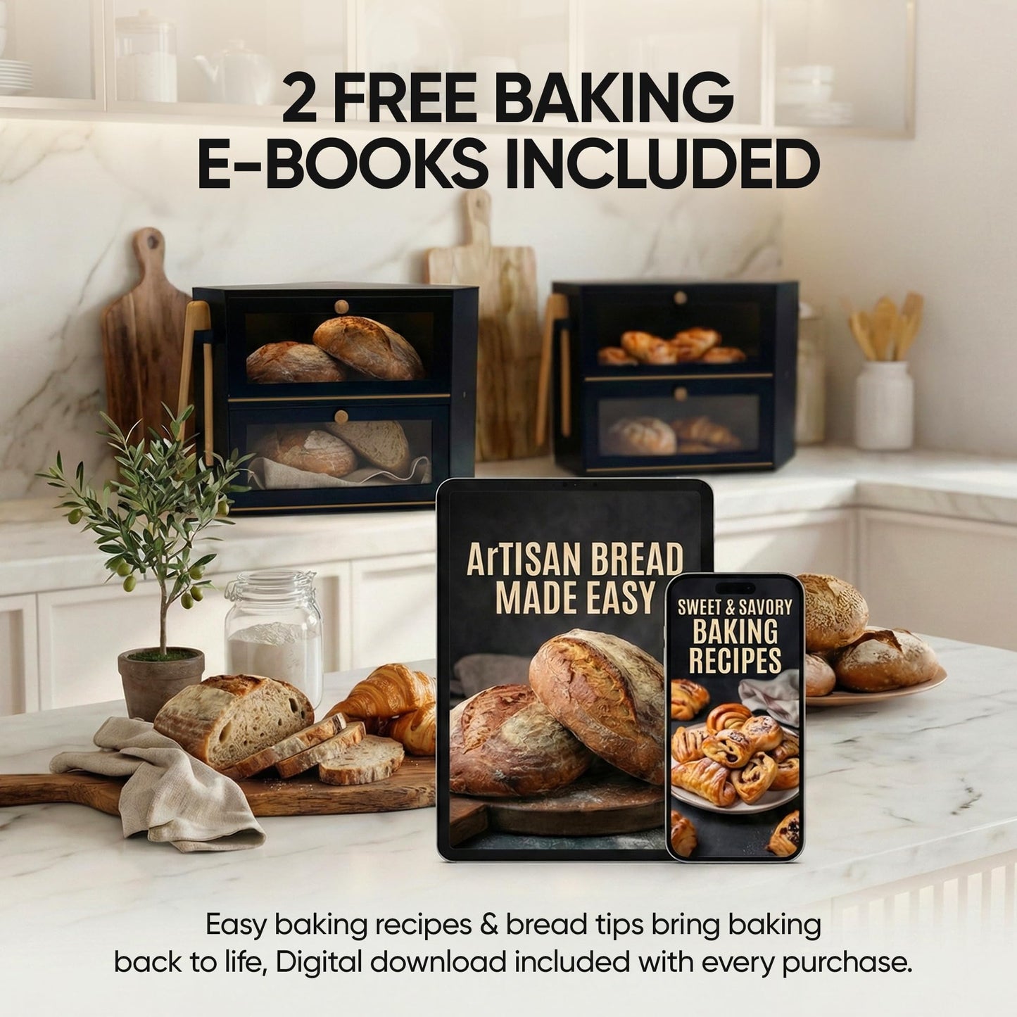 Corner Bread Box for Kitchen Countertop – Bamboo Bread Box with Airtight Design, Dual Divided Compartments, Magnetic Closures, Non-Slip Feet, Clear Windows, Tongs & 2 Free Baking Books -Black