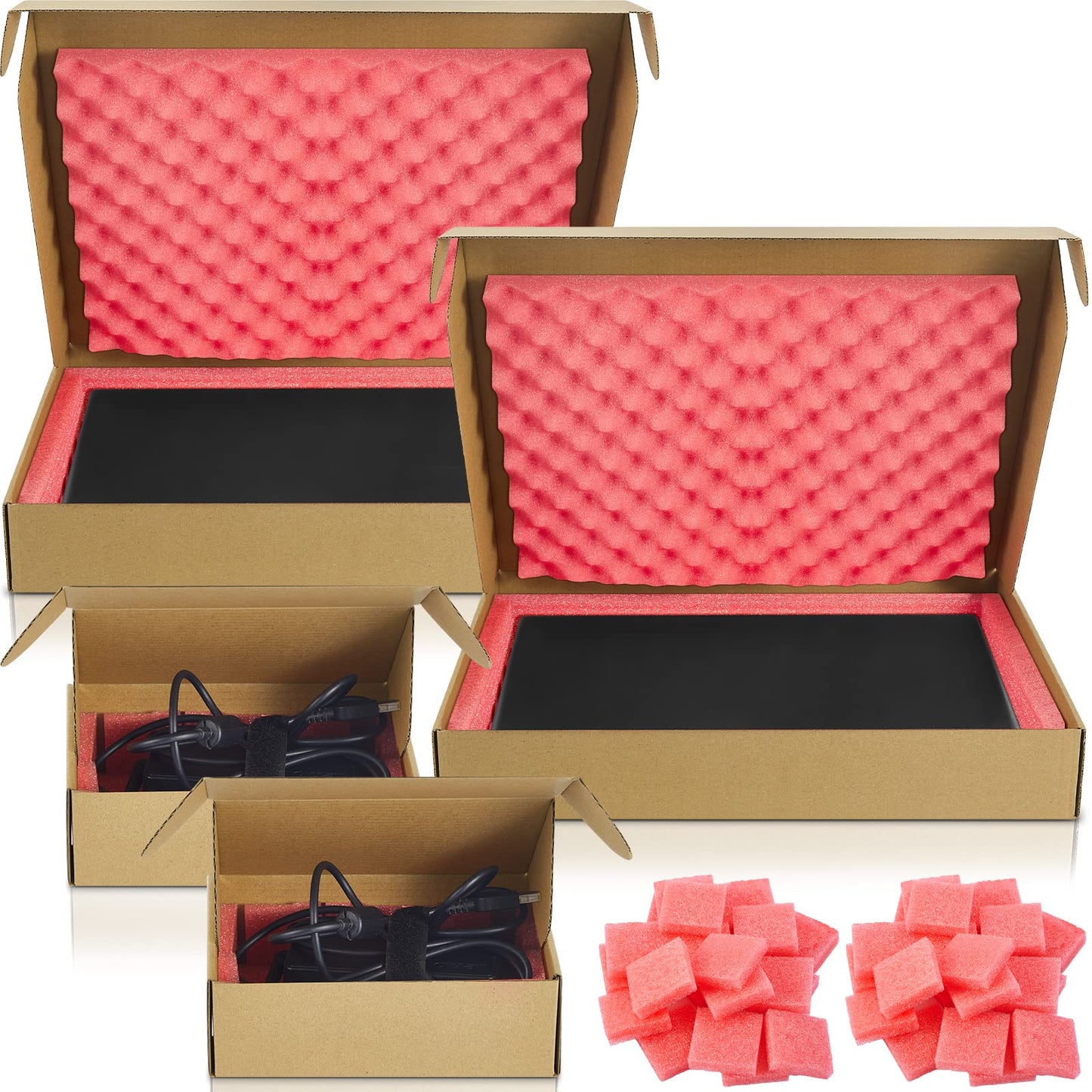 2 Sets Laptop Shipping Box with Foam Protection Computer Mailing Box up to 17 Inch with Charger Boxs, Foam Frame, Foams Sheets Padding Kraft Secure Mailing Boxes for Packing Moving 16.7x13x2.5 Inch
