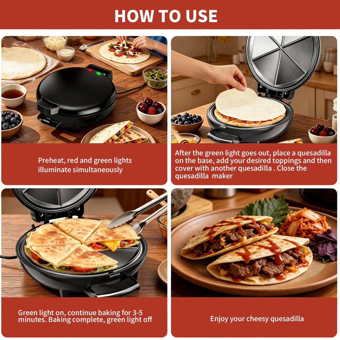 Electric Quesadilla Maker, 9.5'' Quesadilla Press with Extra Stuffing Latch, Easy Slice 6 Wedge, Grilled Cheese Corn Flour Tortilla Snacks, Nonstick Plates, Easy to Clean, Non-Slip Feet, Black