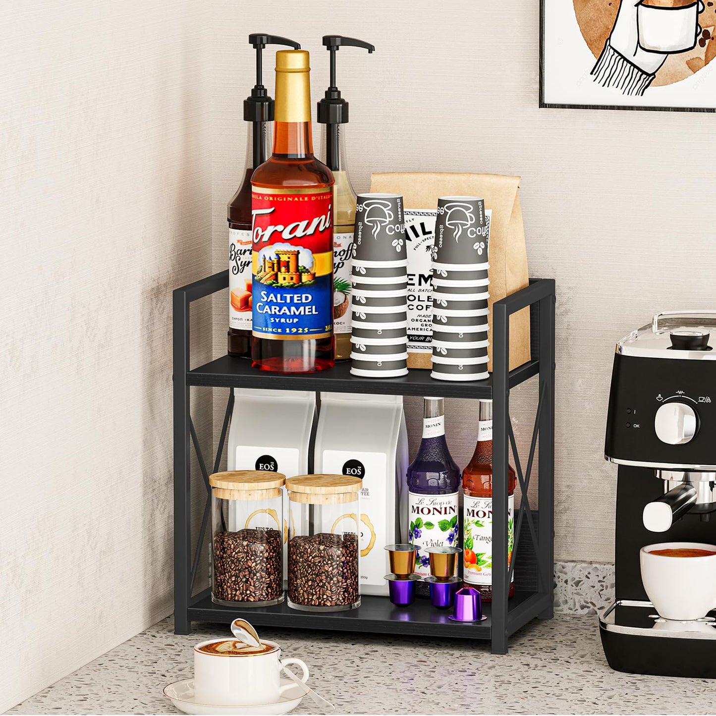 Giikin Countertop Organizer, 2 Tier Coffee Station Organizer for Desktop, Wood Counter Shelf Spice Rack for Kitchen (Black, M)
