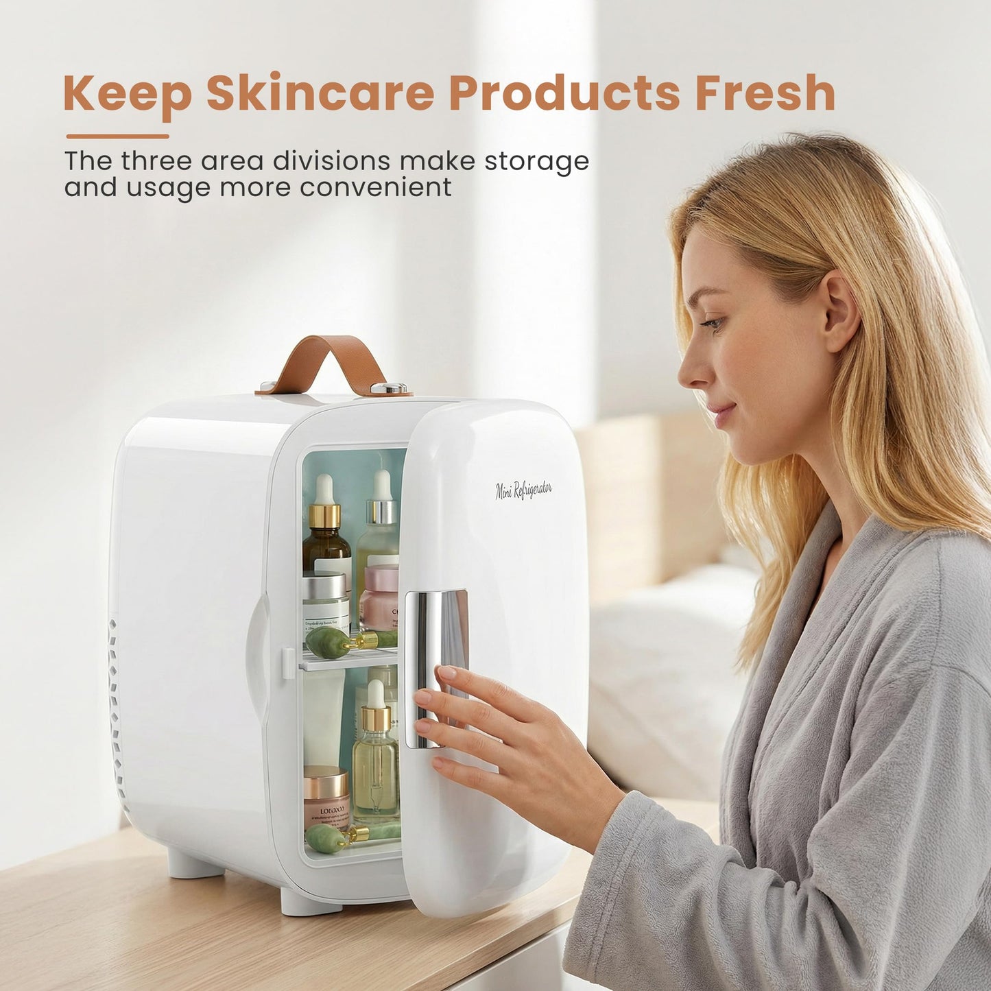 Sweetcrispy Mini Fridge for Bedroom, Office & Car, Portable 4L/4.23QT Mini Refrigerator for Skincare with Handle, Ultra-Quiet Energy-Saving Compact Cooler for Drinks, Food, Skincare & Makeup, AC/DC
