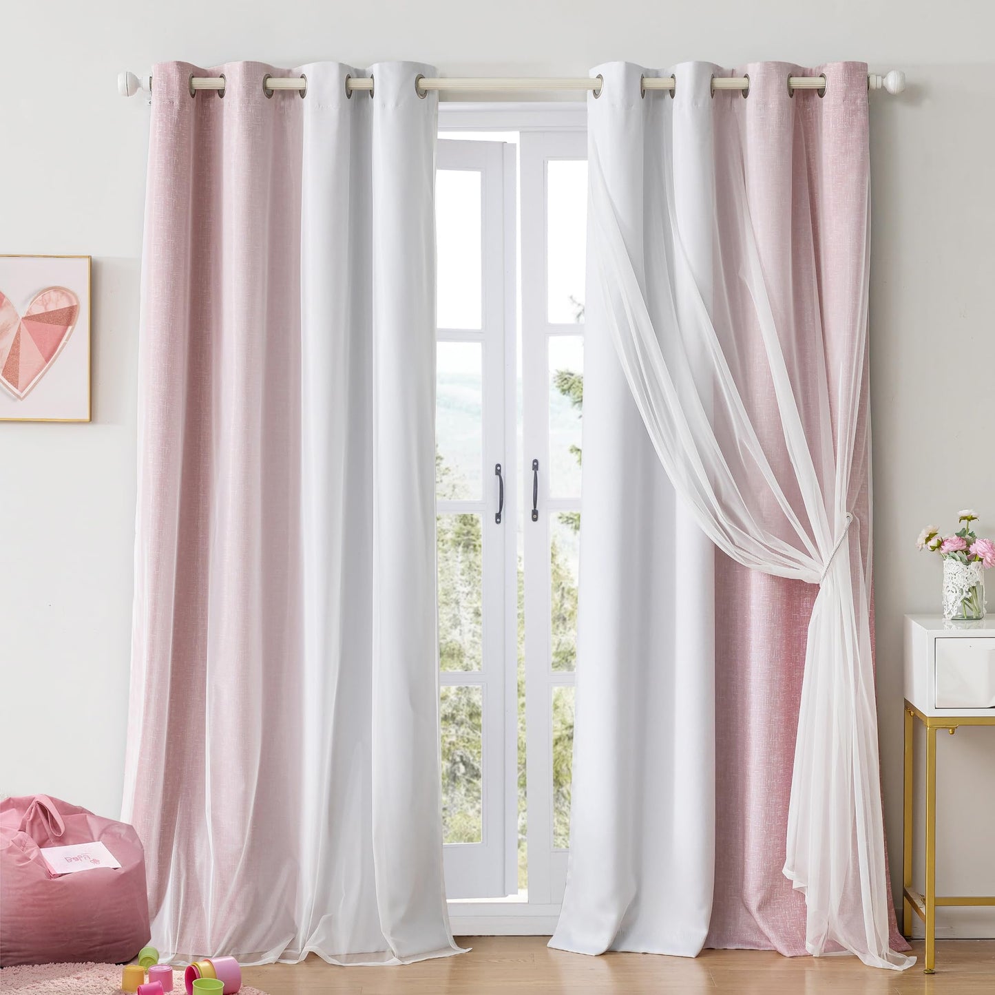Geomoroccan Ombre 100% Blackout Curtains 84 Inches Long 2 Panels for Girls Bedroom Living Room Pink and White Double Layer Sheer Overlay Mix & Match Grommet Thermal Soundproof Drapes with Tiebacks