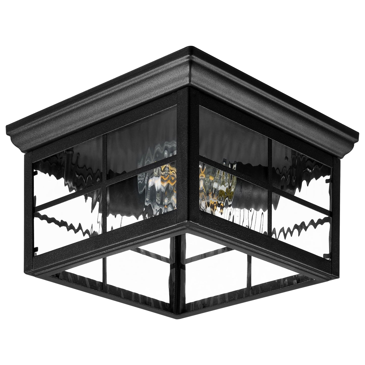 Maxxima Outdoor Flush Mount Ceiling Light Fixture, Black w/Water Glass, 2-Light Square Farmhouse Porch or Patio Light, Close to Ceiling Entryway Outdoor Light, Bulbs Not Included