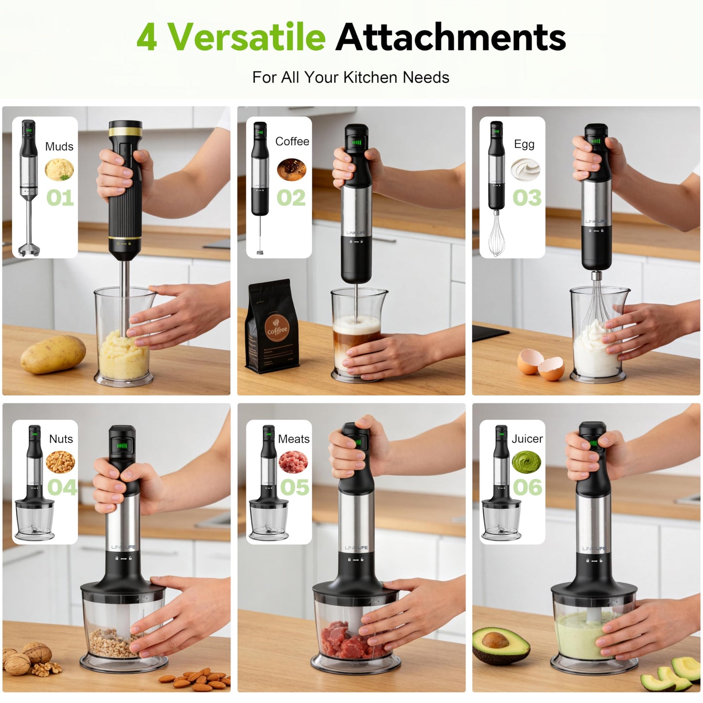 1200W Immersion Blender Handheld, 5-in-1 Variable Speed Emulsifier Hand Blender Stick with Whisk Chopper Milk Frother Mixing Cup and Storage Rack for Kitchen Soup, Purees, Baby Food and Smoothies