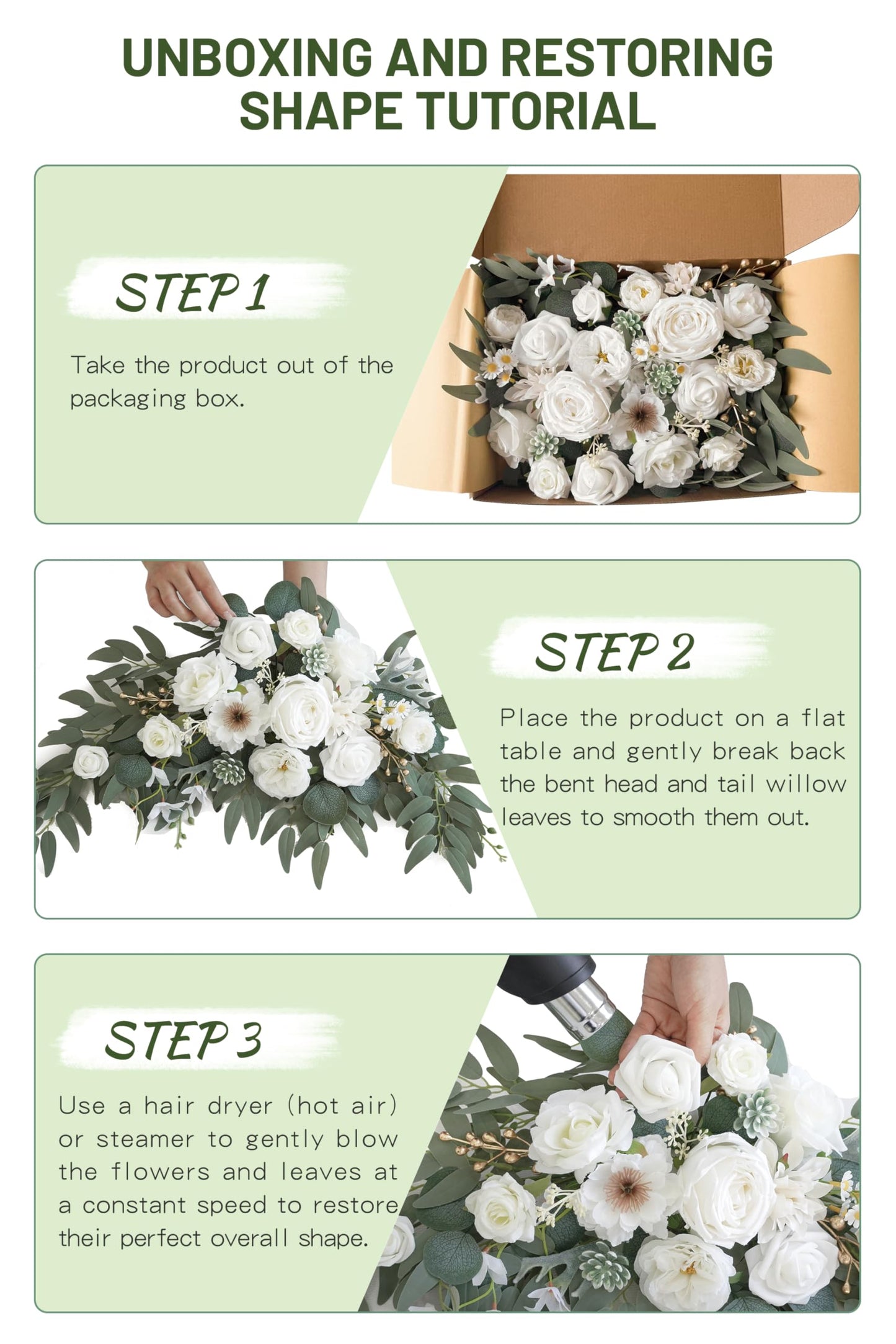 Piklado Faux Arch Flower Swag Set of 2 for Wedding Welcome Signs Floral Swag Wedding Reception Ceremony Signs Decor (White)