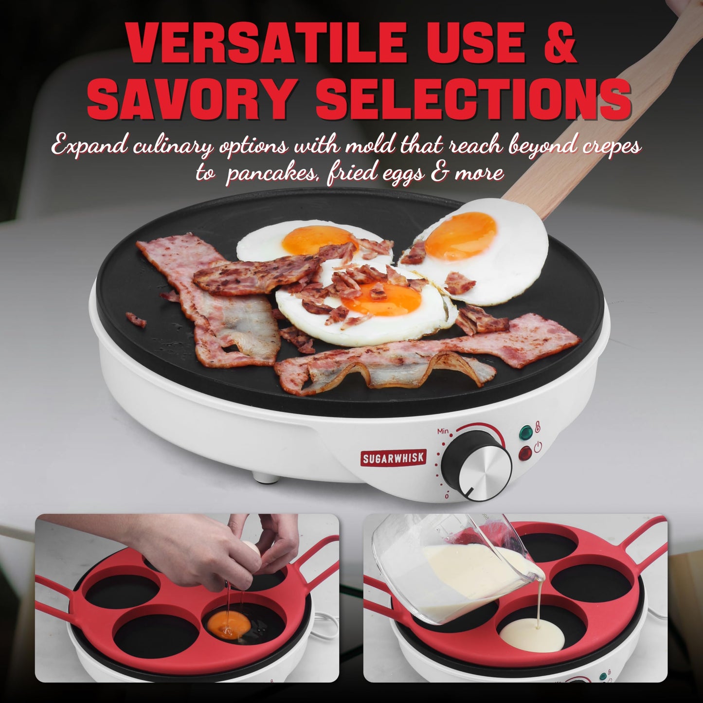 SugarWhisk Crepe Maker Electric, Crepe Pan 12 Inch with 5 X 4” Silicone Molds, Pancake Maker Machine for Pancakes & Tortilla & Fried Eggs, Batter Spreader & Spatula Included, White