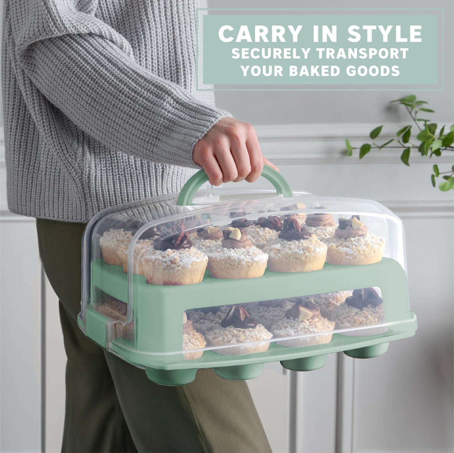 MosJos EXTRA TALL DOME 24 Cupcake Carrier, Green Cupcake Holder Carries 24 Cupcake Storage Container, Muffin Traveler Two Tier Stand Reusable Cupcake Box