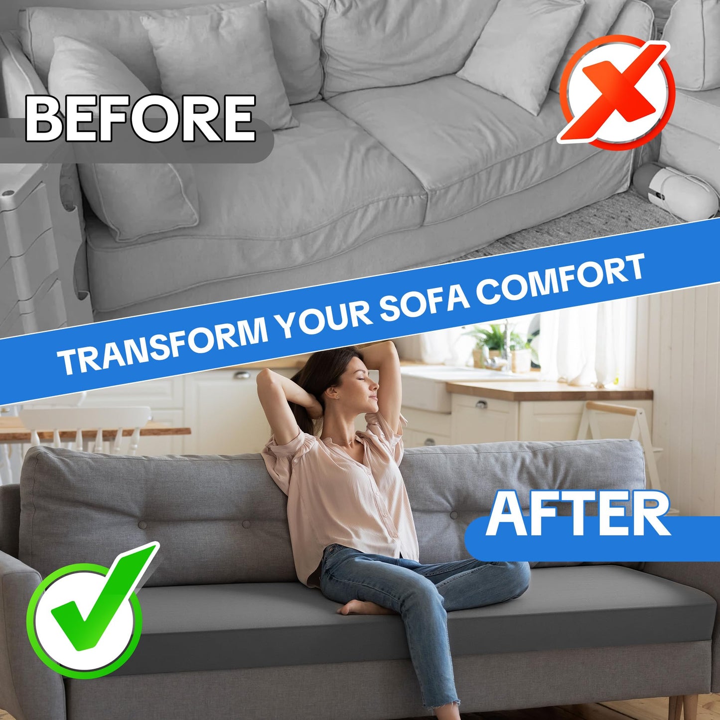 HOMBYS 3 Inch Foam Sofa Topper Pad, Foam Couch Top Pad with Removable Washable Cover, Couch Cushion for Enhanced Comfort & Furniture Protection(71 * 27.5 * 3in)
