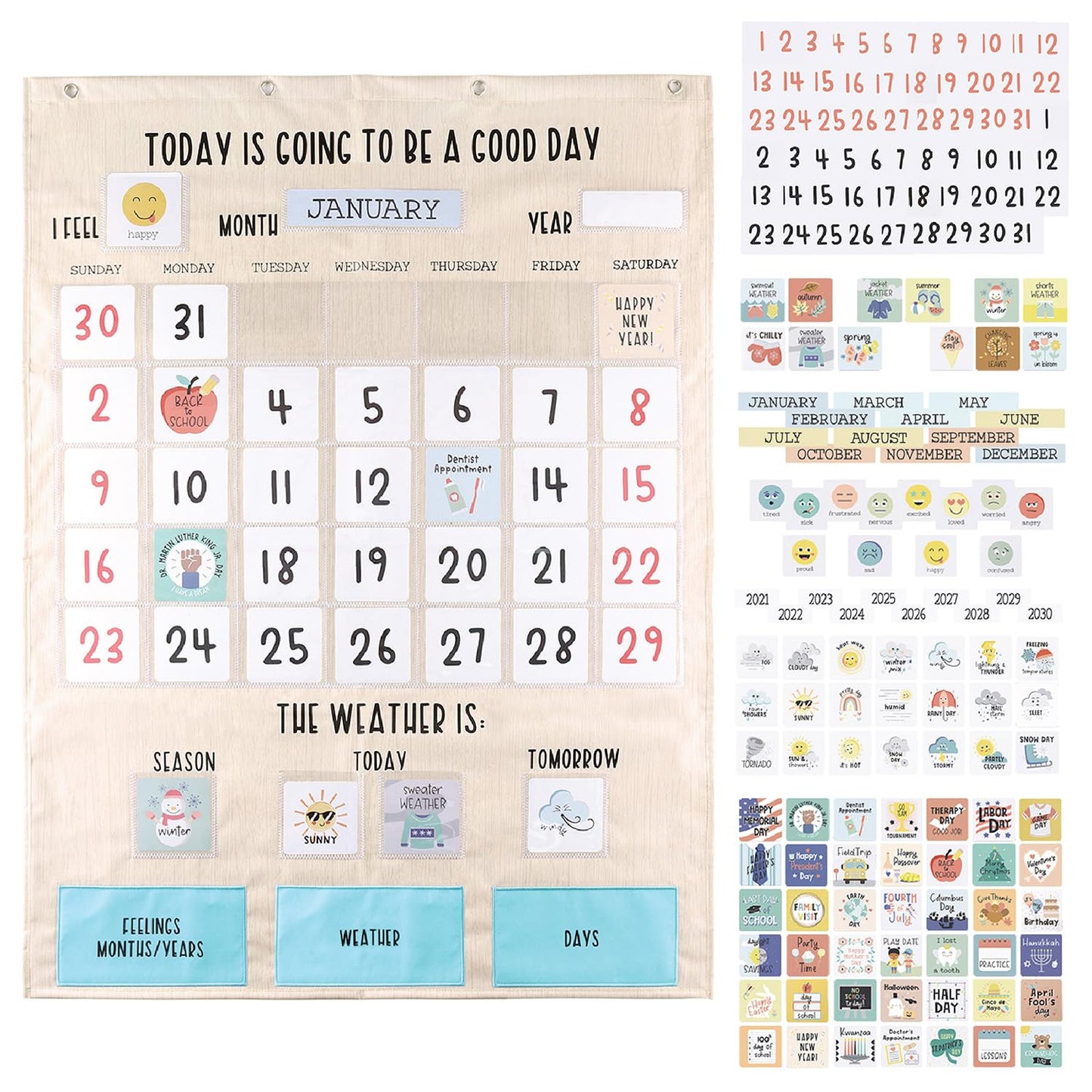 The Peanutshell Learning Calendar Wall Chart - Homeschool Supplies, Interactive Pocket Chart for Toddlers & Kids - Preschool Learning Activity Board, Circle Time Board for Classroom - Good Day