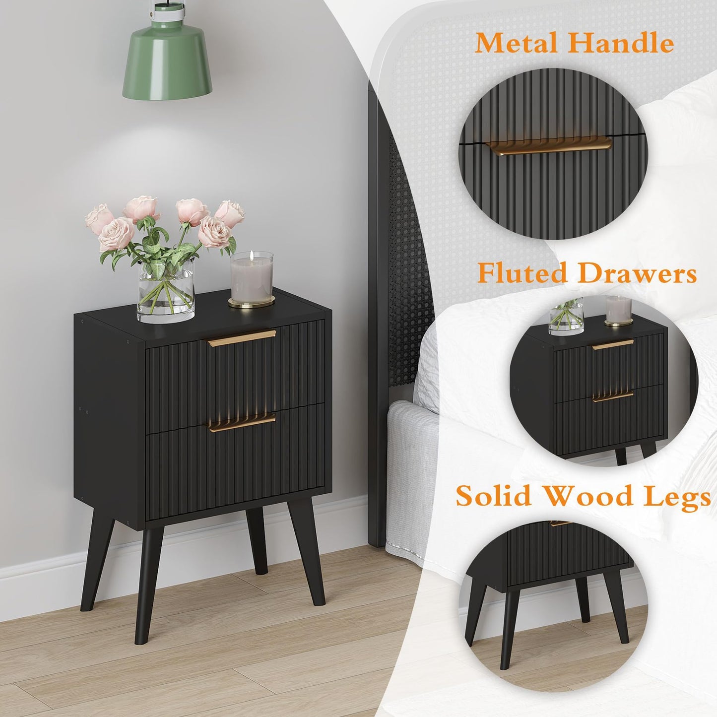 YAUKOMEL Black Nightstand,Mid Century Modern Bedside Table, Fluted Nightstand with 2 Drawers,Side Table with Wood Legs, End Table for Bedroom,Apartment,Dormitory,Small Space Black CTG55BK