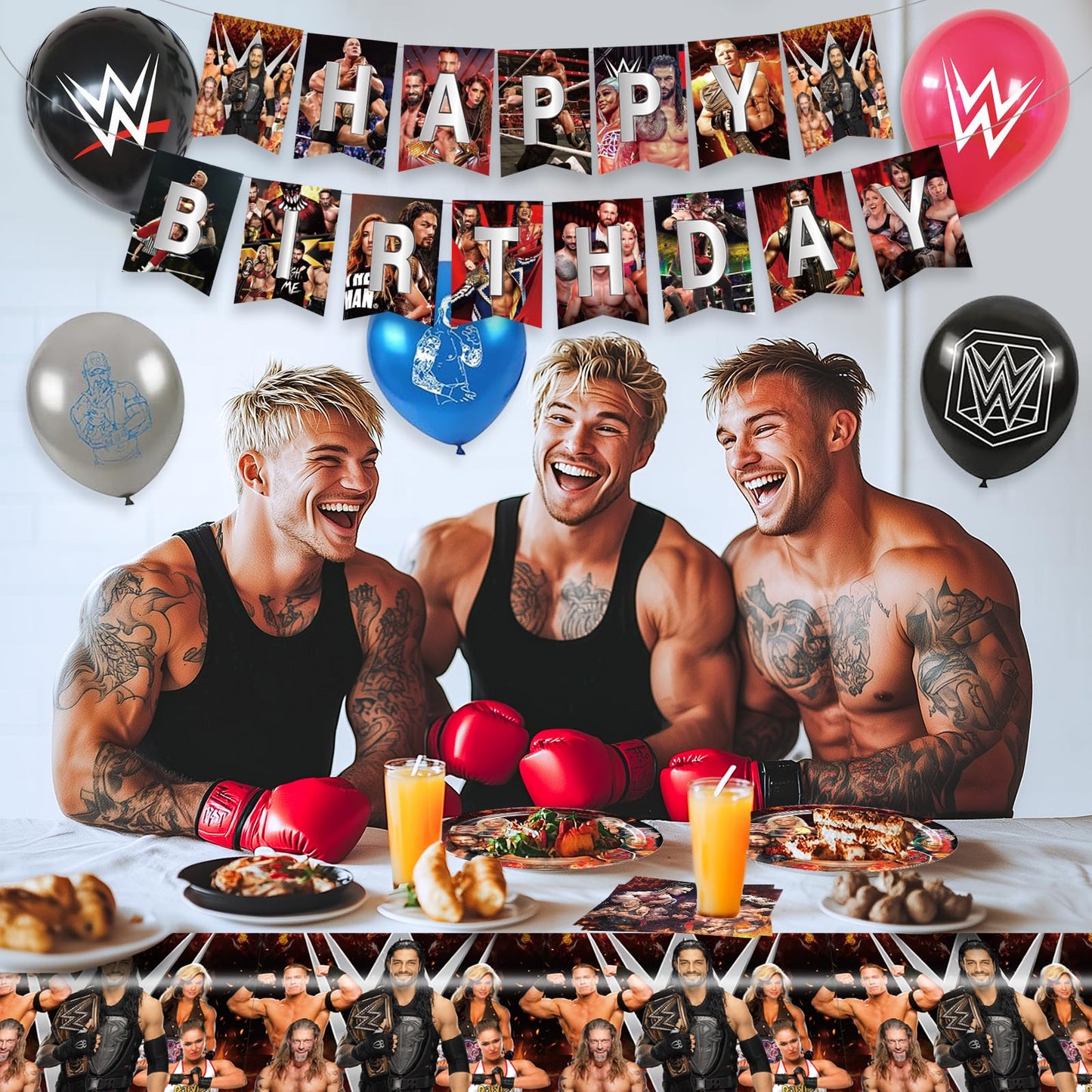 Wrestling Birthday Supplies, 42Pcs Wrestling Decorations include Banner, Tablecloth, Plates and Napkins for Teens Kids Party Decor