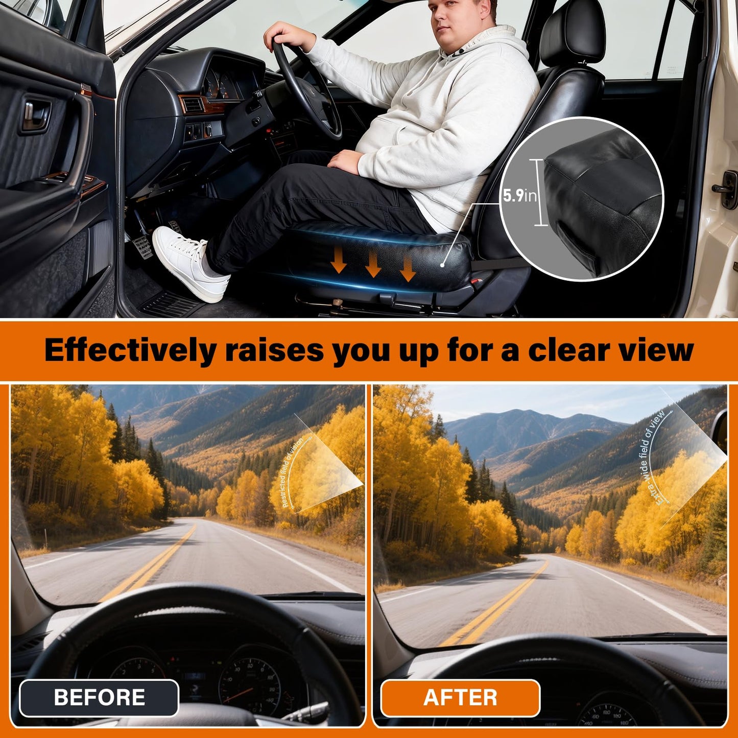 Adult Booster Car Seat Cushion for Office Chair & Driving 17.7"x15.7"x5.9" Thick Car Seat Cushion with Handle & Non-Slip Base Ergonomic Support Improved View