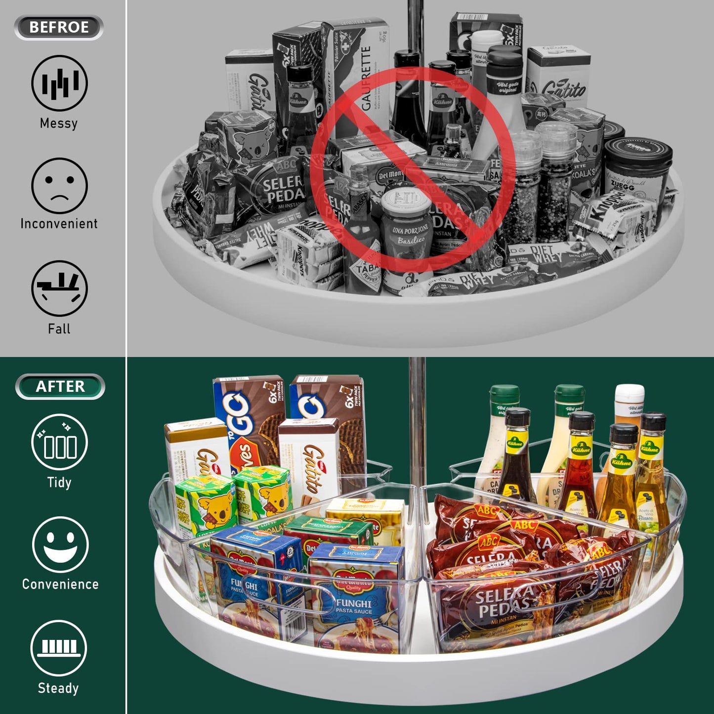 JEISSLIA Lazy Susan Cabinet Organizer Bins for 26"/ 28"/ 32" Diameter Corner Organizer, Plastic Cabinet Storage Bin, 1/8 Wedge - Food Safe, BPA Free, with Non-Slip Pads (for 28" Diameter, 8 Pack)