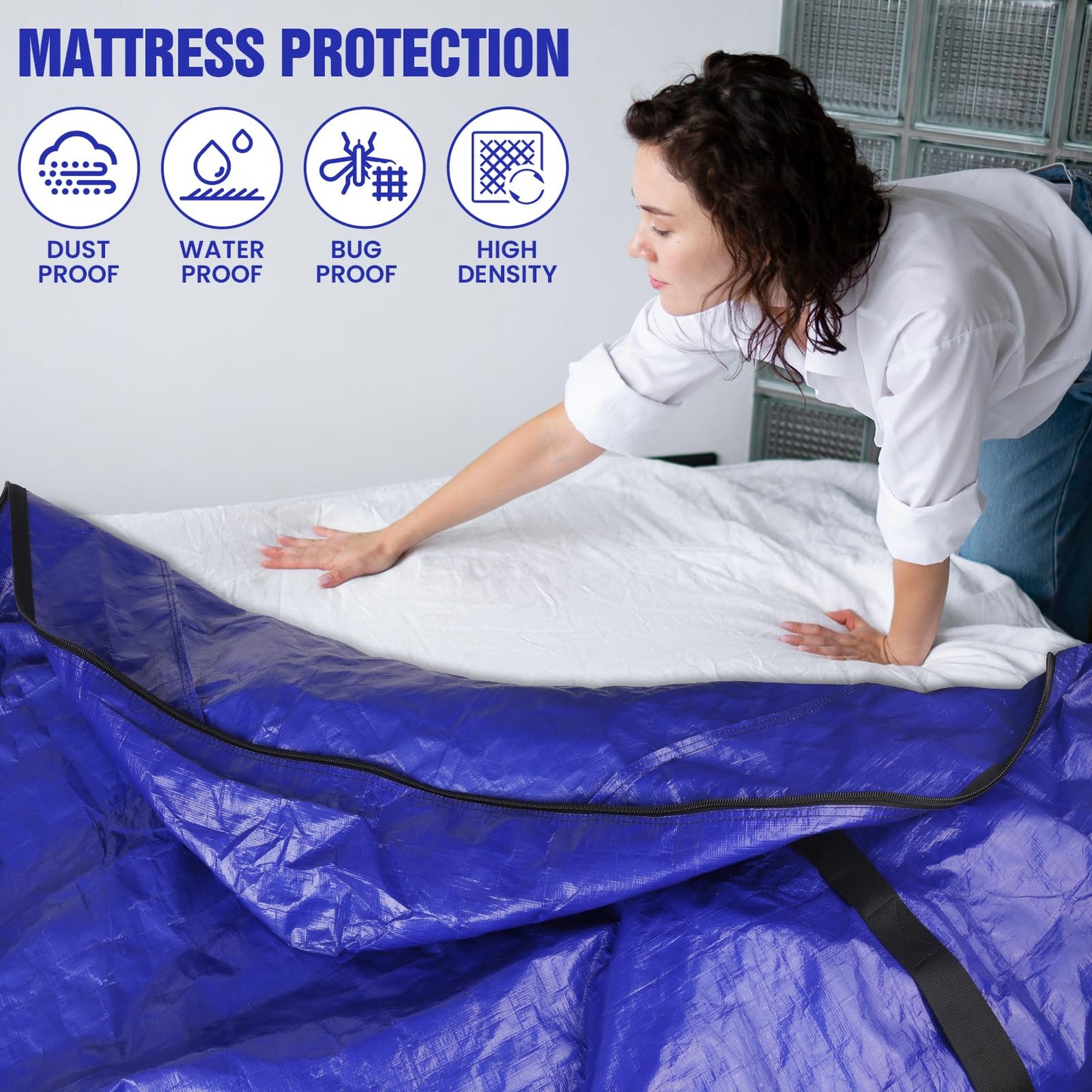 SaveAMatt Mattress Bags for Moving - Extra Thick & Durable Queen Mattress Cover for Moving - Reusable Waterproof Tarp Mattress Protector with Heavy Duty Handles (82’’x63’’x15’’ Queen Size)