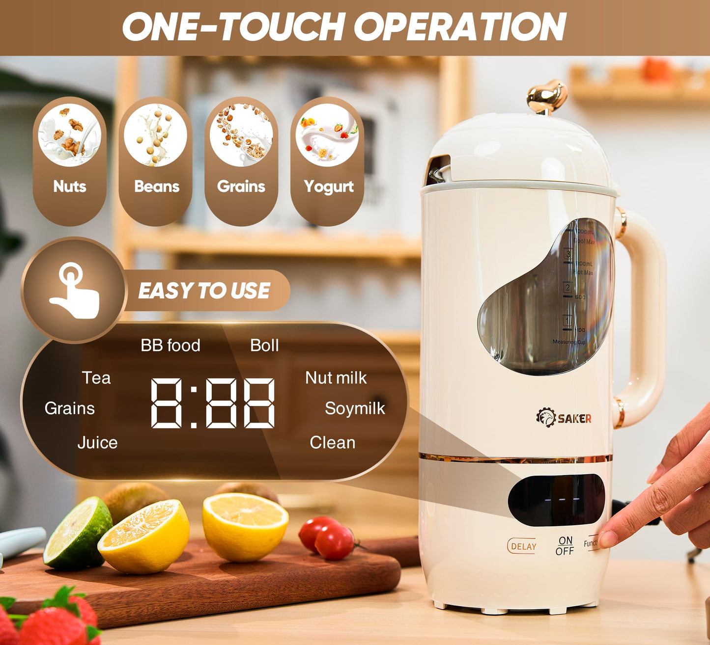 SAKER Automatic Nut Milk Maker,35oz Homemade Almond, Oat, Soy, Plant-Based Milk and Dairy Free Beverages, Almond Milk Maker with Delay Start/Keep Warm/Boil Water, Soy Milk Maker