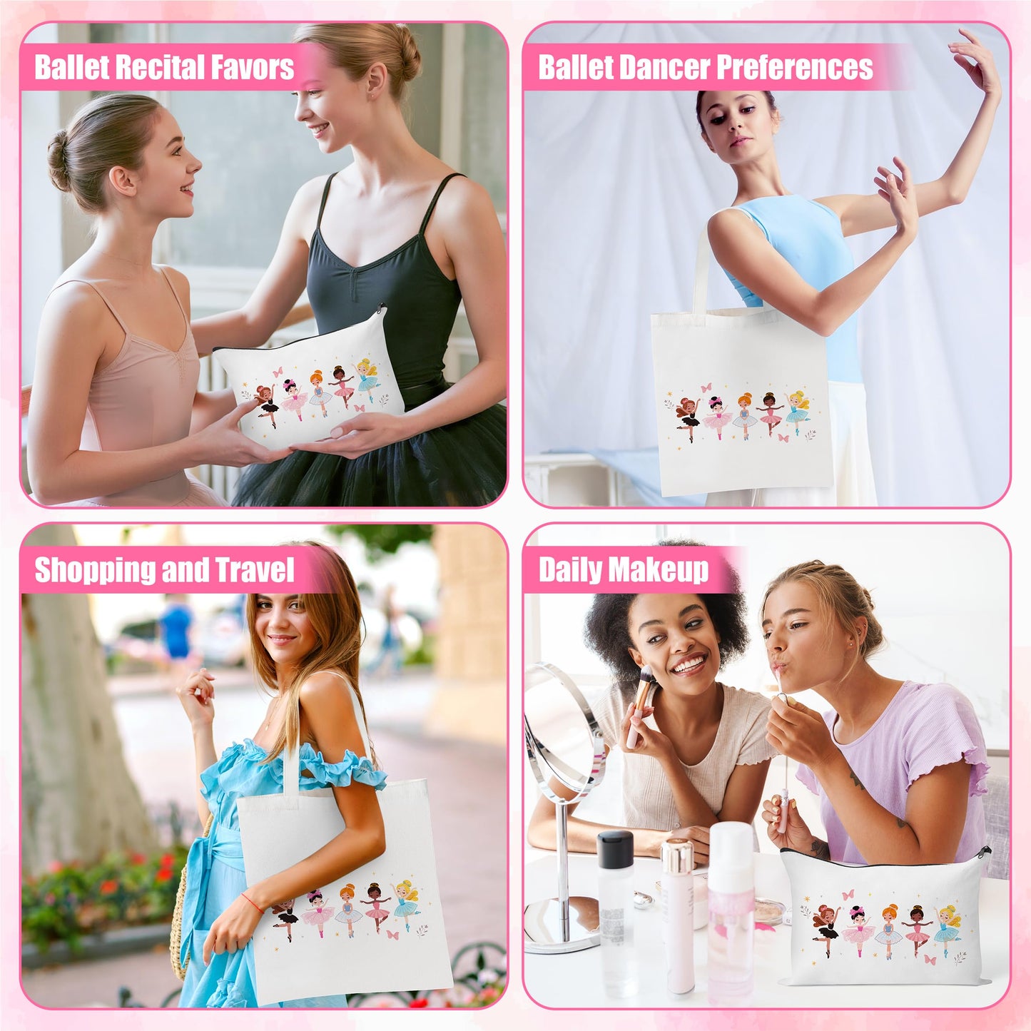 Y1tvei Cute Ballerina Girl Recital Gifts - 64Pcs Ballet Dancing Girl Canvas Tote Bag Makeup Pouch Dance Stickers Sparkly Pink Ballerina Bracelet with Card Ballet Grocery Shopping Bags Stuff for Dancer
