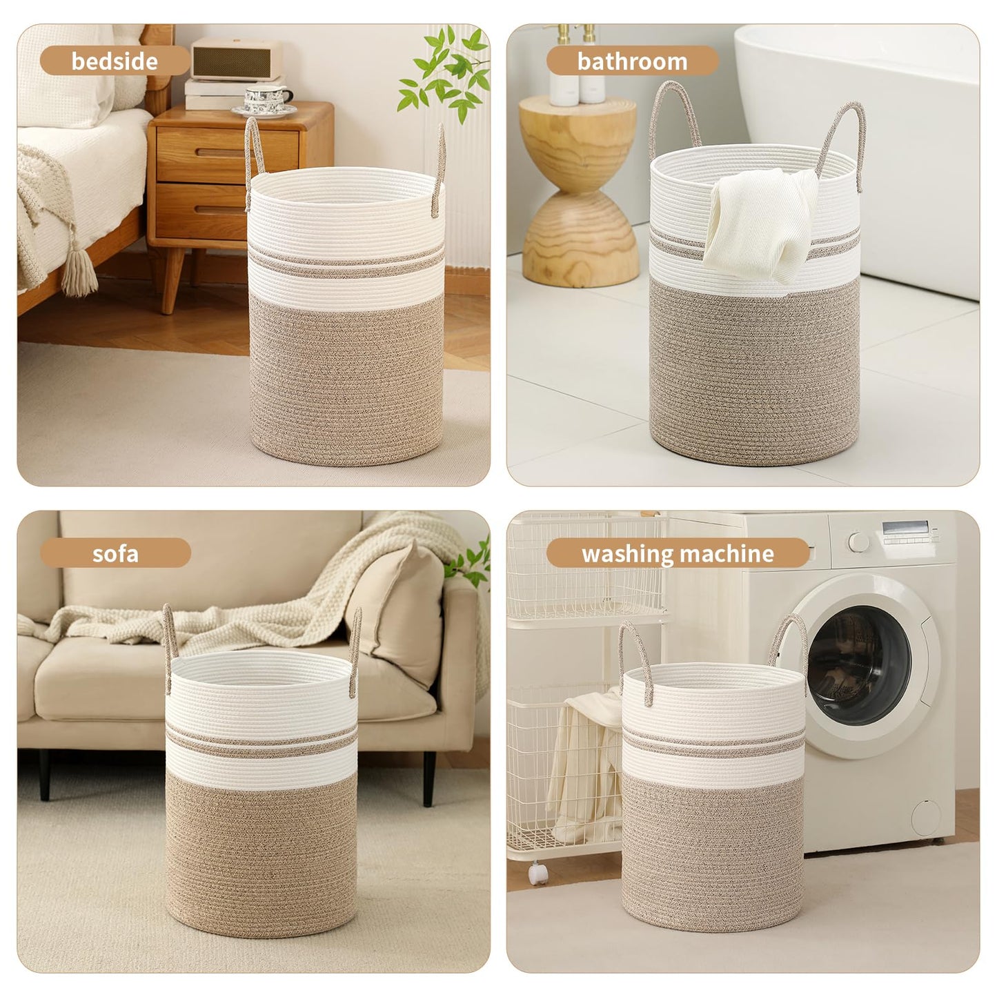 Laundry Basket Hamper Tall Rope Storage Woven for Blanket toys Dirty Clothes in Living Room Bathroom Bedroom (Brown&White, 80L/21.3Gal)