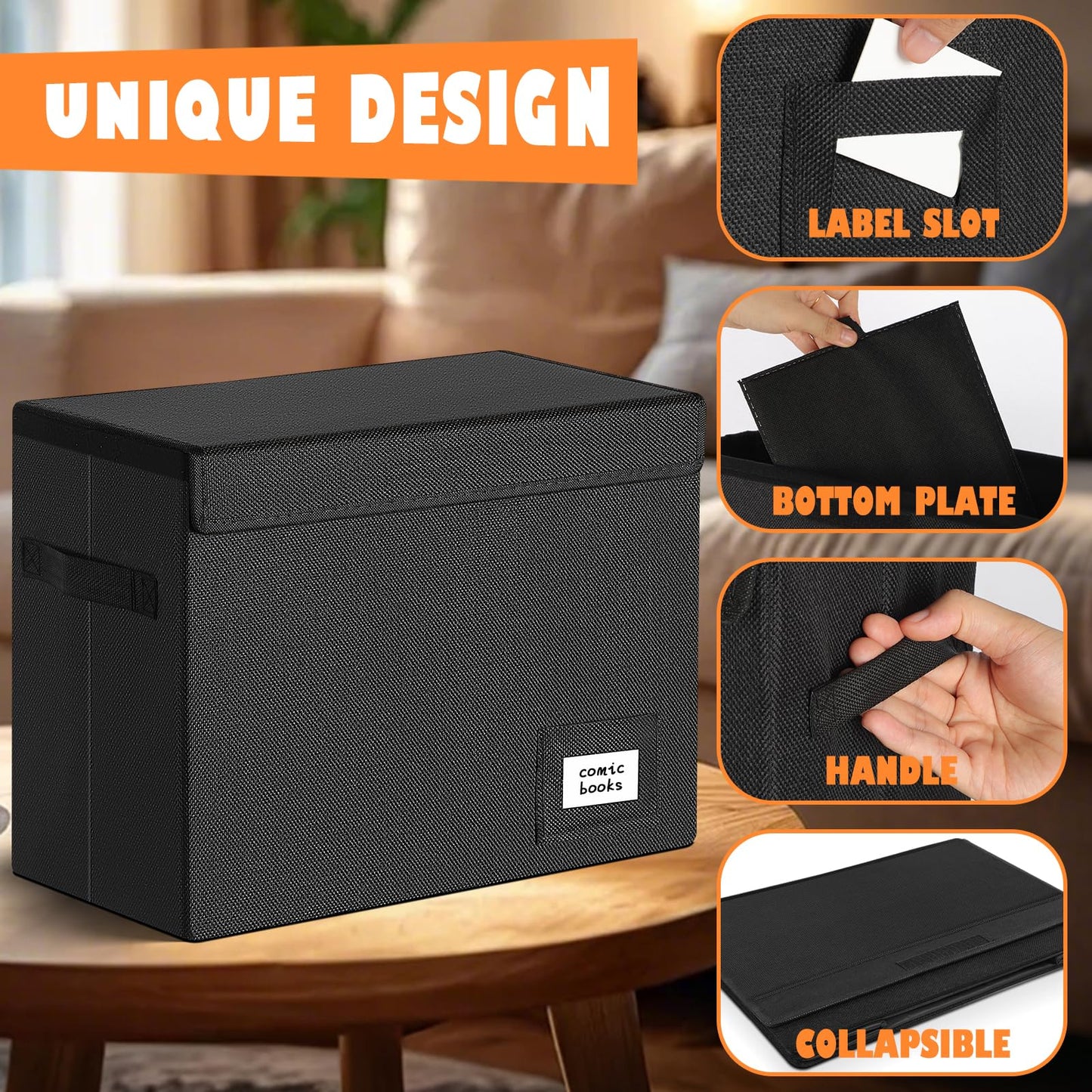 Leffis 6 Pack Comic Book Storage, Collapsible and Stackable Comic Short Box, Moistureproof Comic Box with Lid and Label Slot 15.5" X 7.5" X 11.3" Holds 150 Comics