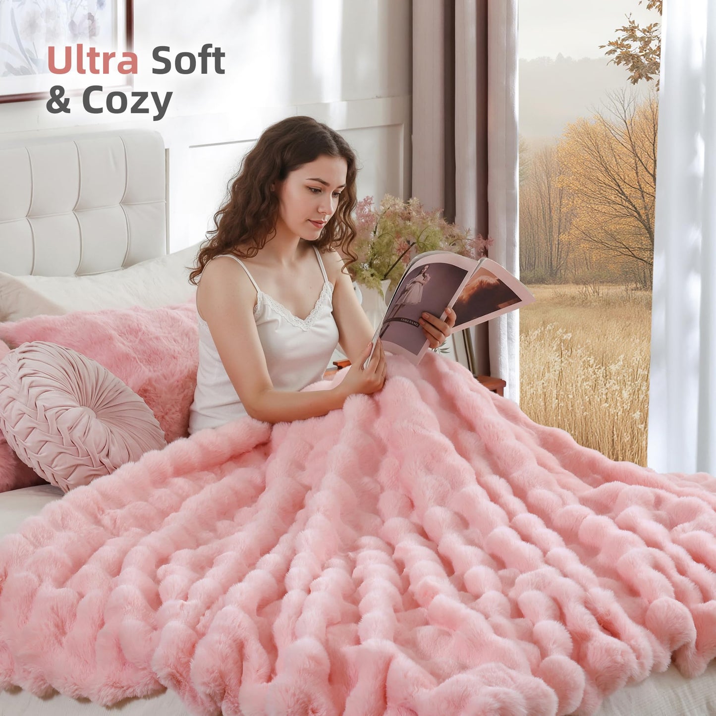 Smoofy Faux Fur Throw Blanket for Couch - Blush Pink Super Soft Cozy Bubble Blanket, Fluffy Plush Fuzzy Throw for Sofa & Bed, Thick Lightweight Warm Blanket, Luxury Aesthetic Gift for Women 50"x60"