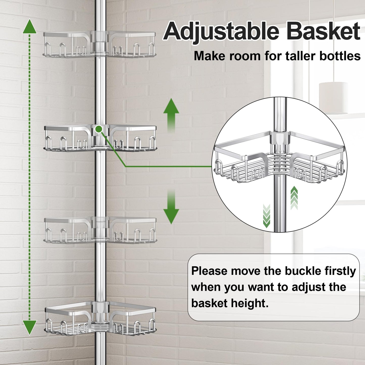 Clothink Corner Shower Caddy Tension Pole 4 Tier Adjustable Stainless Steel Shower Shelf for Inside Shower Bathtub Shampoo,Standing Bathroom Organizer Shelves with 39 to 113 inch Height
