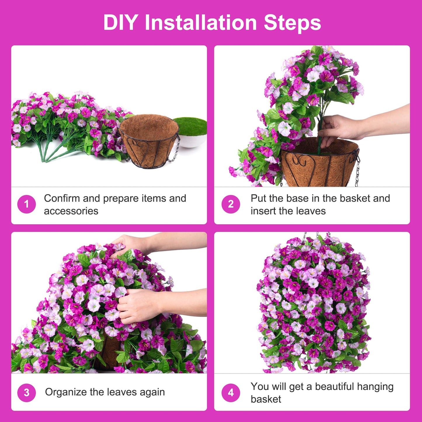 INXUGAO Artificial Flowers with Hanging Basket, Outdoor Faux Plants Silk Morning Glory Vines, Fake Green Arrangement for Garden Patio Spring Summer Decor(4pcs,Darkorchid)