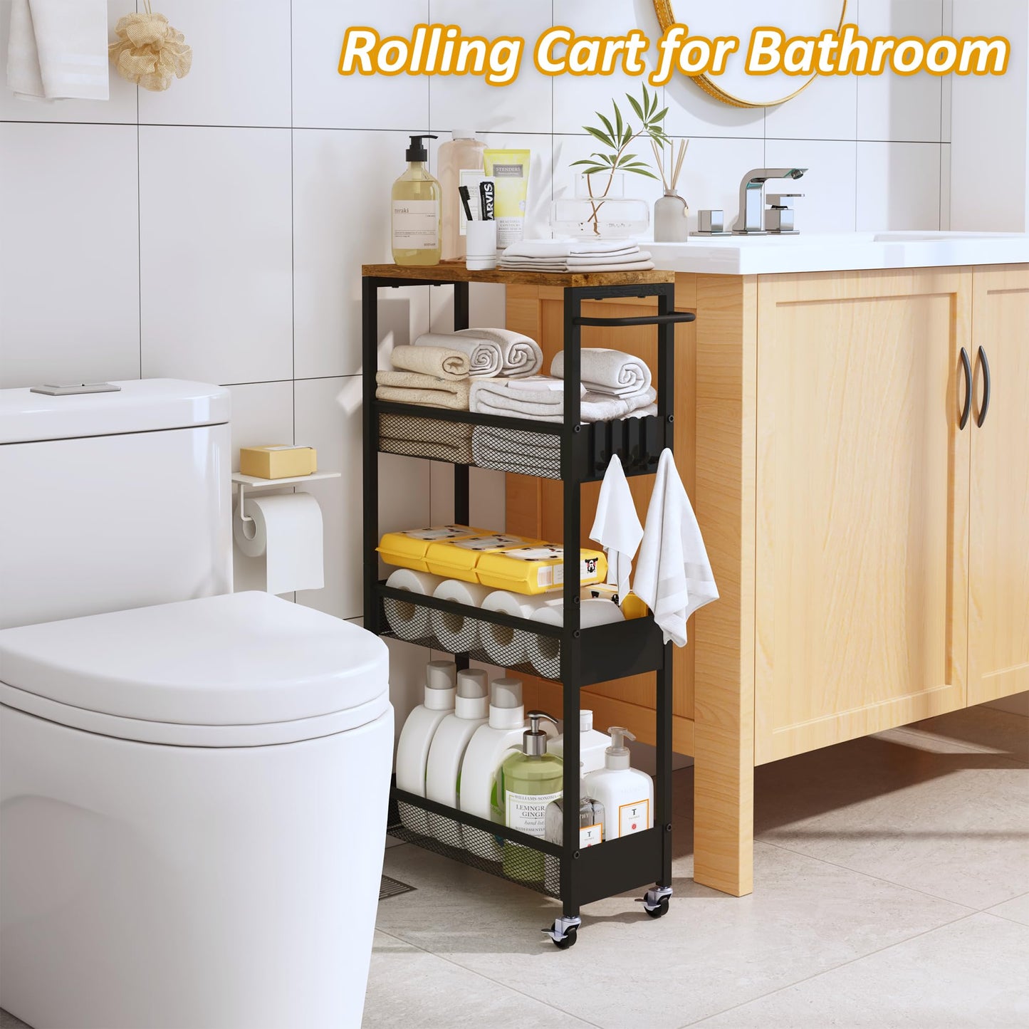 7.1" Wide Slim Rolling Utility Cart, 4 Tier Metal Narrow Storage Cart with Handle and Wood Top, Multifunctional Small Mobile Shelf Unit Organizer Trolley for Laundry, Bathroom, Kitchen