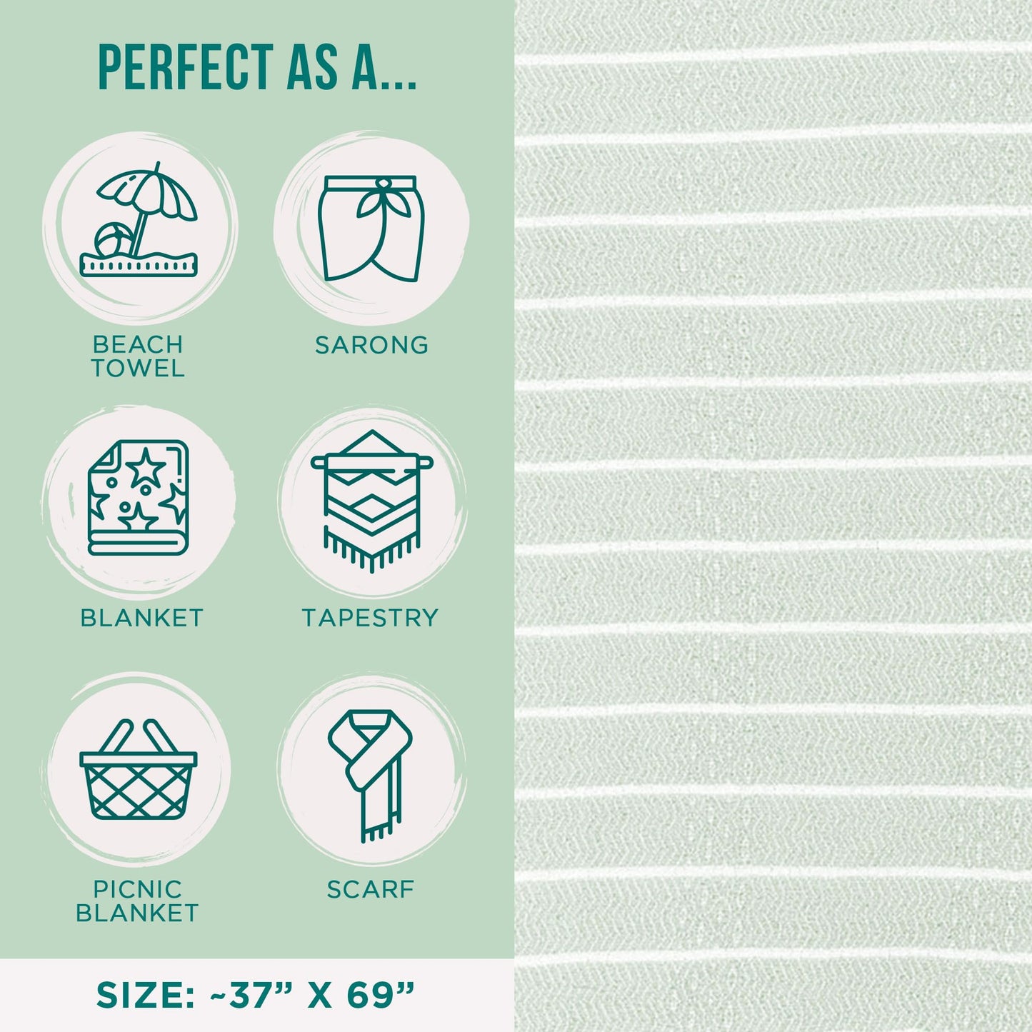 Sand Cloud Turkish Beach Towel - Sand Resistant - 100% Certified Organic Turkish Towel - Quick Dry Towel for Beach, Picnic, Blanket or Bath Towel - As Seen on Shark Tank - Gocek (Sage Green)
