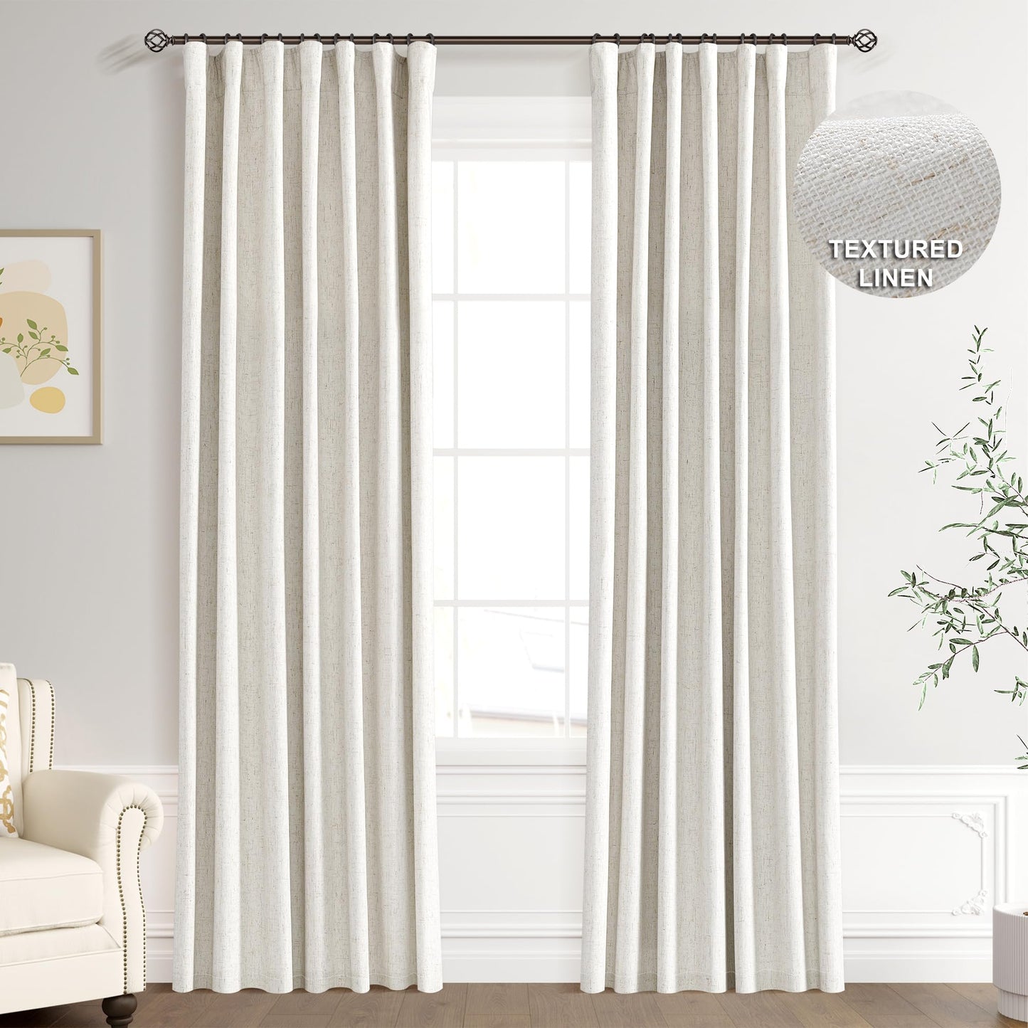 Joywell 100% Blackout Linen Curtains 84 Inch Long for Bedroom Natural Black Out Curtain Back Tab Hook Belt Room Darkening Drapes with Hooks for Living Room Window Cream Ivory 2 Panel,52 x 84