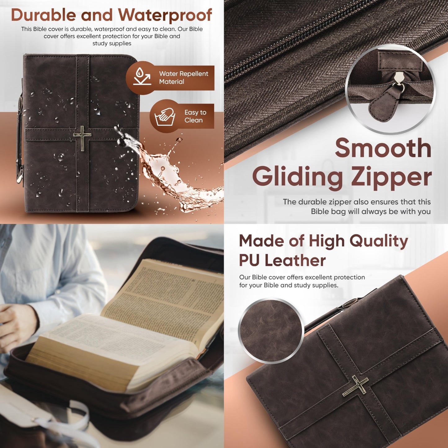 Bible Cover (U.S. Patent Pending), Discreet & Elegant Bible Case, Brown PU Leather Bible Cover, Cross Design Bible Bags, Strong and Sturdy Book Case, Includes Premium Bookmark