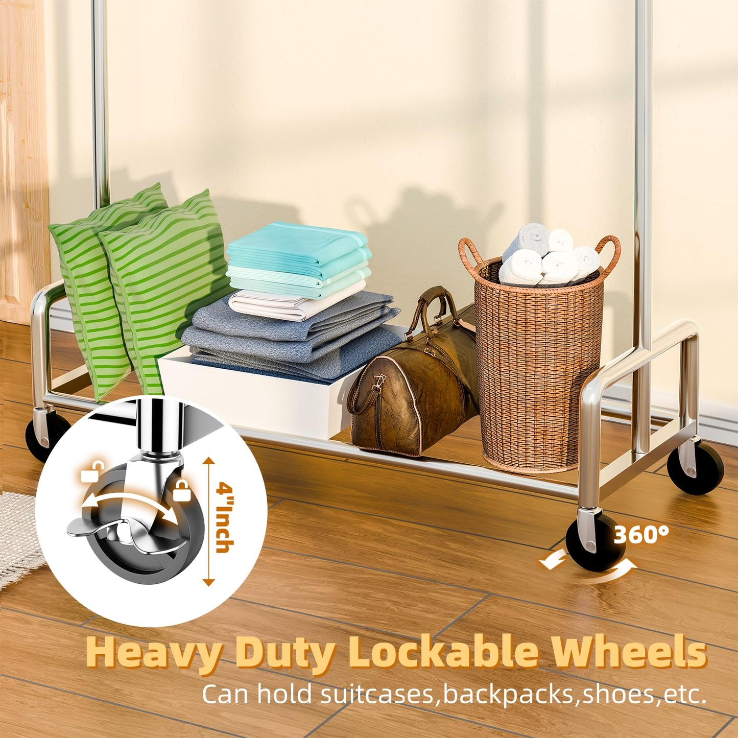 Simple Trending Heavy Duty Clothing Clothes Rack with Wheels for Hanging, Metal Rolling Garment Rack Organizer Load 500 LBS, Chrome