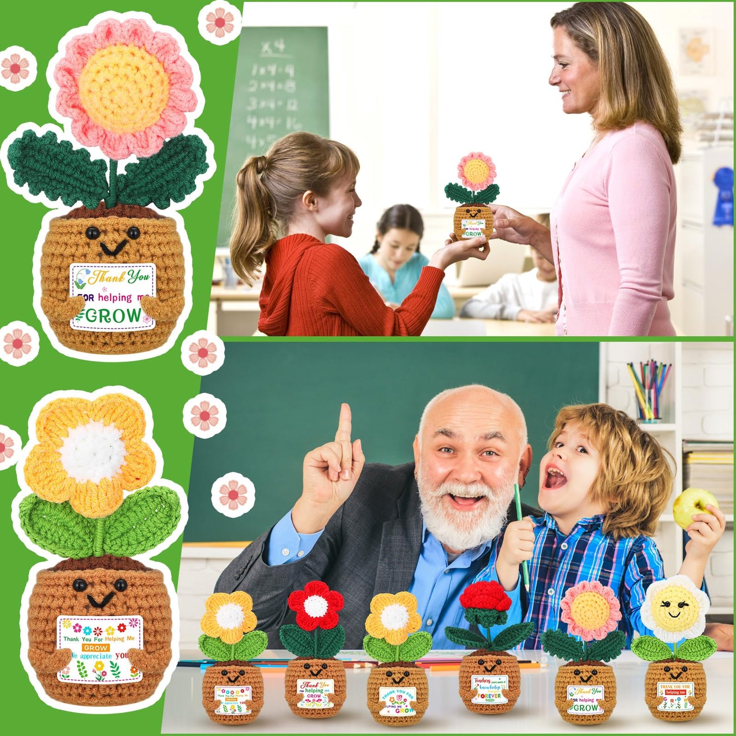 Wavwavw 6 Pcs Teacher Appreciation Gift in Bulk Thank You for Helping Me Grow Teacher Thank You Gift Sunflower Crochet Doll with Card for Graduation Birthday from Students