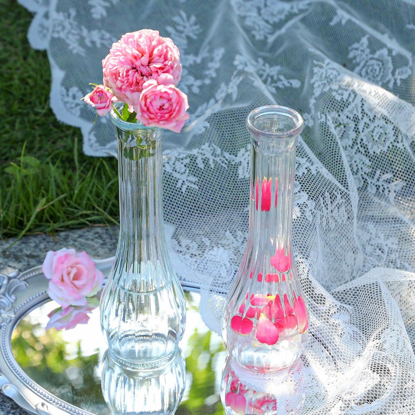 Glass Bud Vases for Centerpiece,12 Pcs Small Clear Ribbed Flower Vases for Weddings, Parties, Home Decor (8.5" Tall, Bulk Set) - Minimalist Table Vase for Roses, Pampas Grass, DIY Arrangements