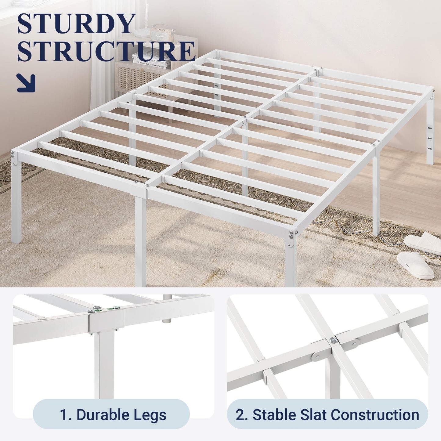 Allewie Full Size Bed Frame, 18 Inch Metal Platform Beds with Storage Space, No Box Spring Needed and Easy Assembly, White