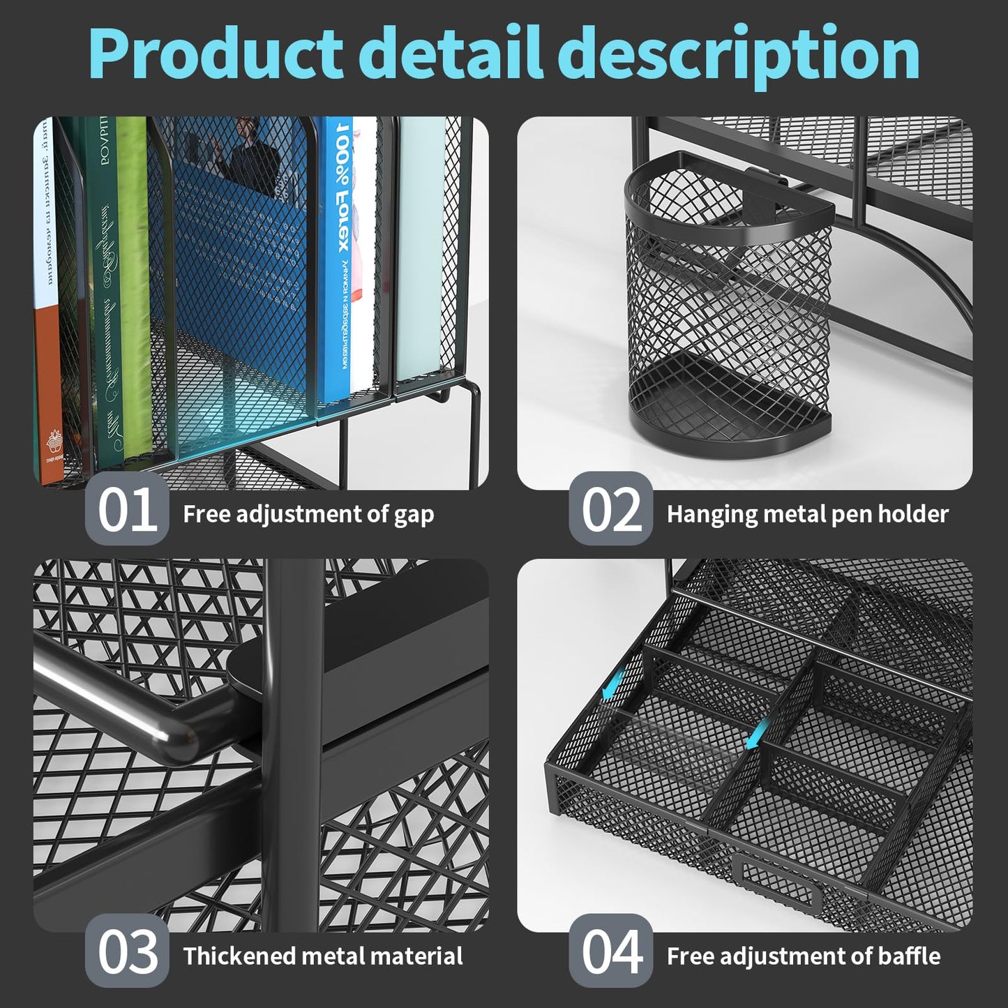 FANXIYQ Metal Desk Organizer with Adjustable Compartments, Black Office Desk Accessories for Home & Work, 7-Section Desktop File Folder Storage, Hanging Pen Holder, Bill Organizer for Desk