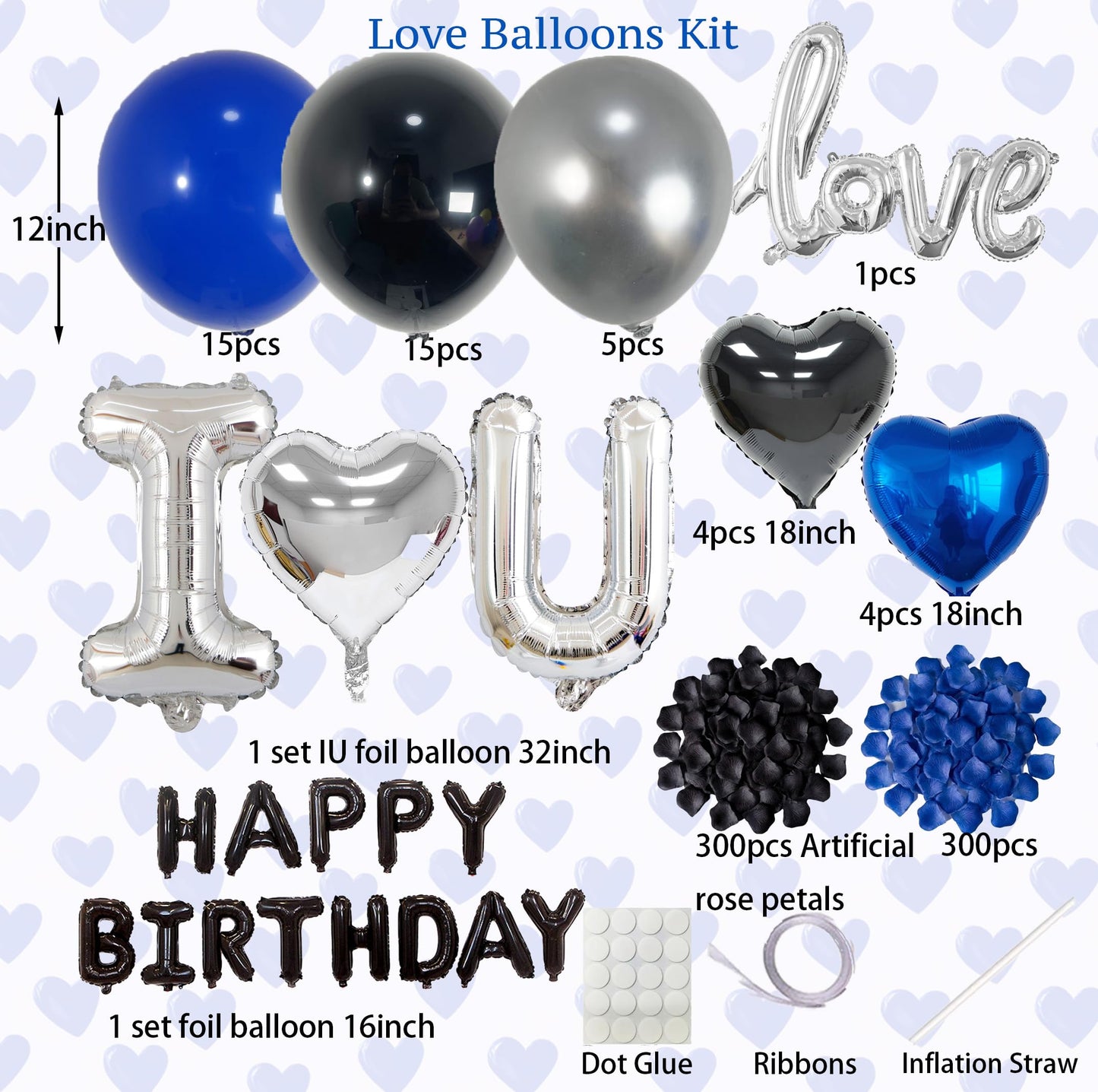 Blue Black Silver Balloons with I LOVE YOU & HAPPY BIRTHDAY Foil Balloons & Rose Petals for Romantic Special Night, Anniversary, Valentine Day, Birthday Decorations for Him, Bedroom, Hotel Room
