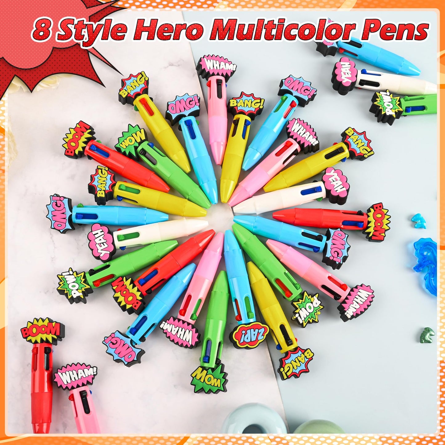LiYiQ 100 Pcs Hero Theme Colorful Multicolor Pen in One Cute Cartoon Fun 4-in-1 Cute Pens Bulk Kawaii Hero Theme Boom Wow Pow Conversation Cool Ballpoint Pens for Fun Gifts