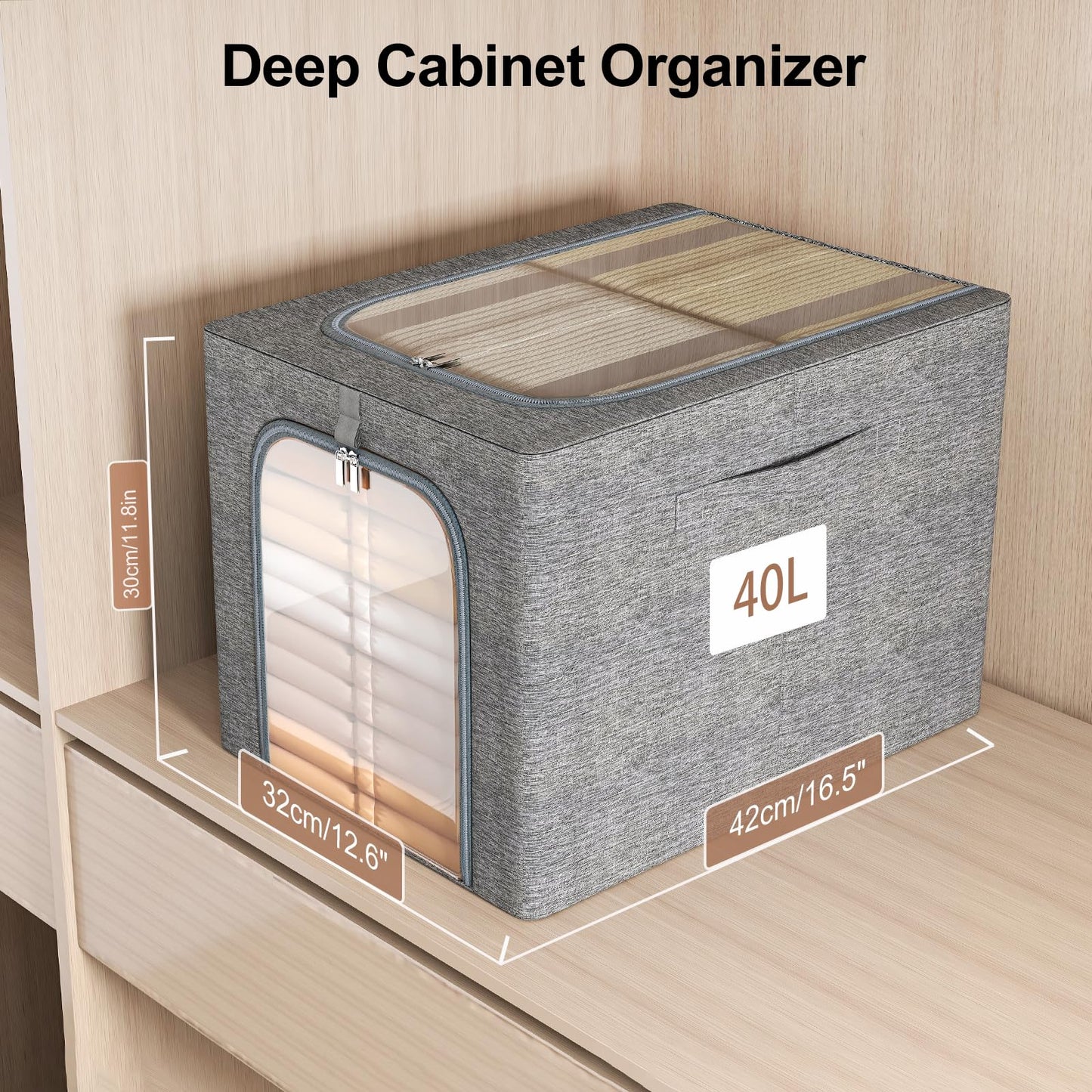 GoMaihe Clothes Storage Bins with Metal Frame, 4-Pack Closet Storage Bins with Lid & Clear Window, Sweater Boxes Organizer for Closet, Clothing Storage, Cationic Fabric 40L
