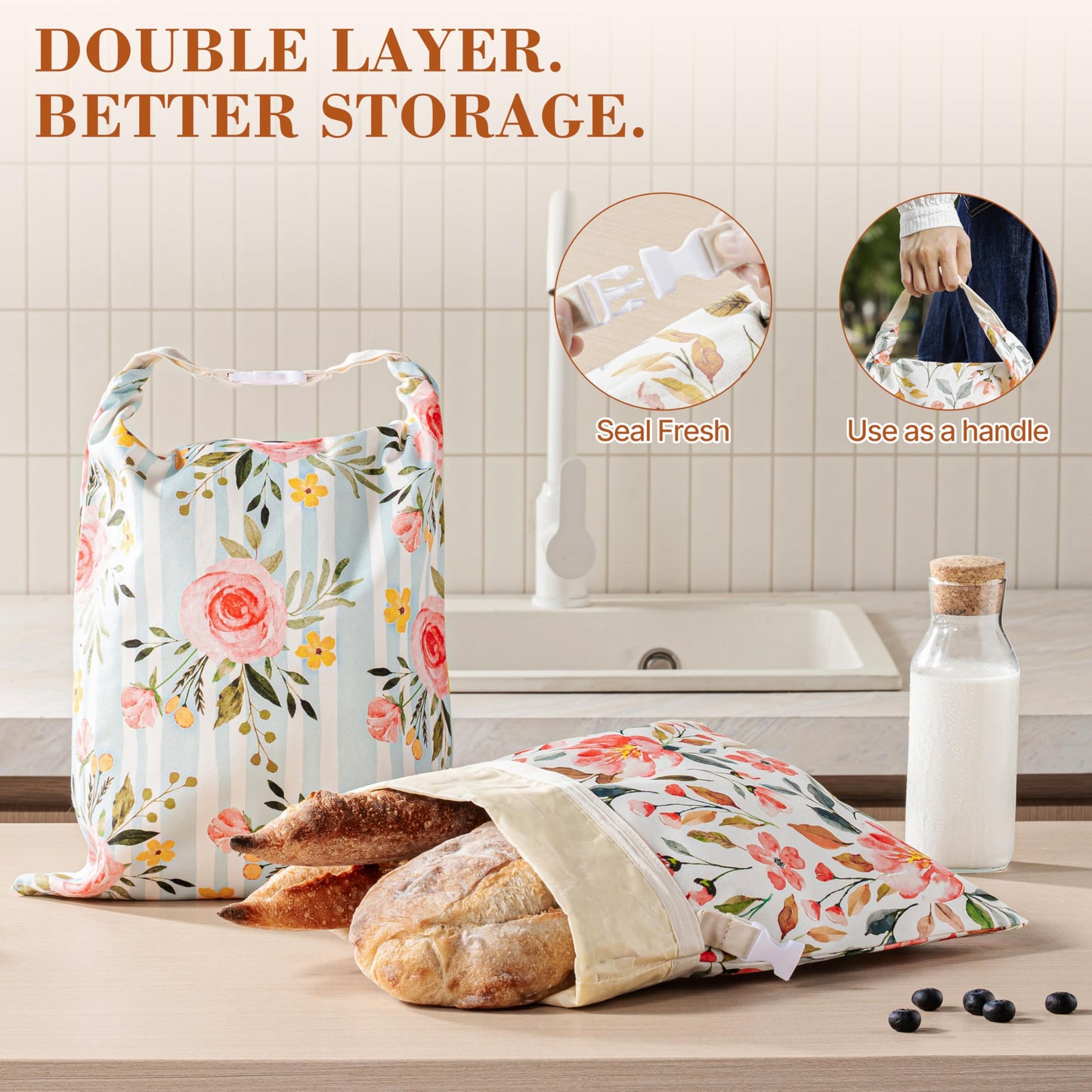 Augine Beeswax Bread Bag, 2 Pack Sourdough Bread Bags, Reusable Bread Bags for Homemade Bread, Organic Cotton Beeswax Sourdough Bags, Wildwood Bloom Series