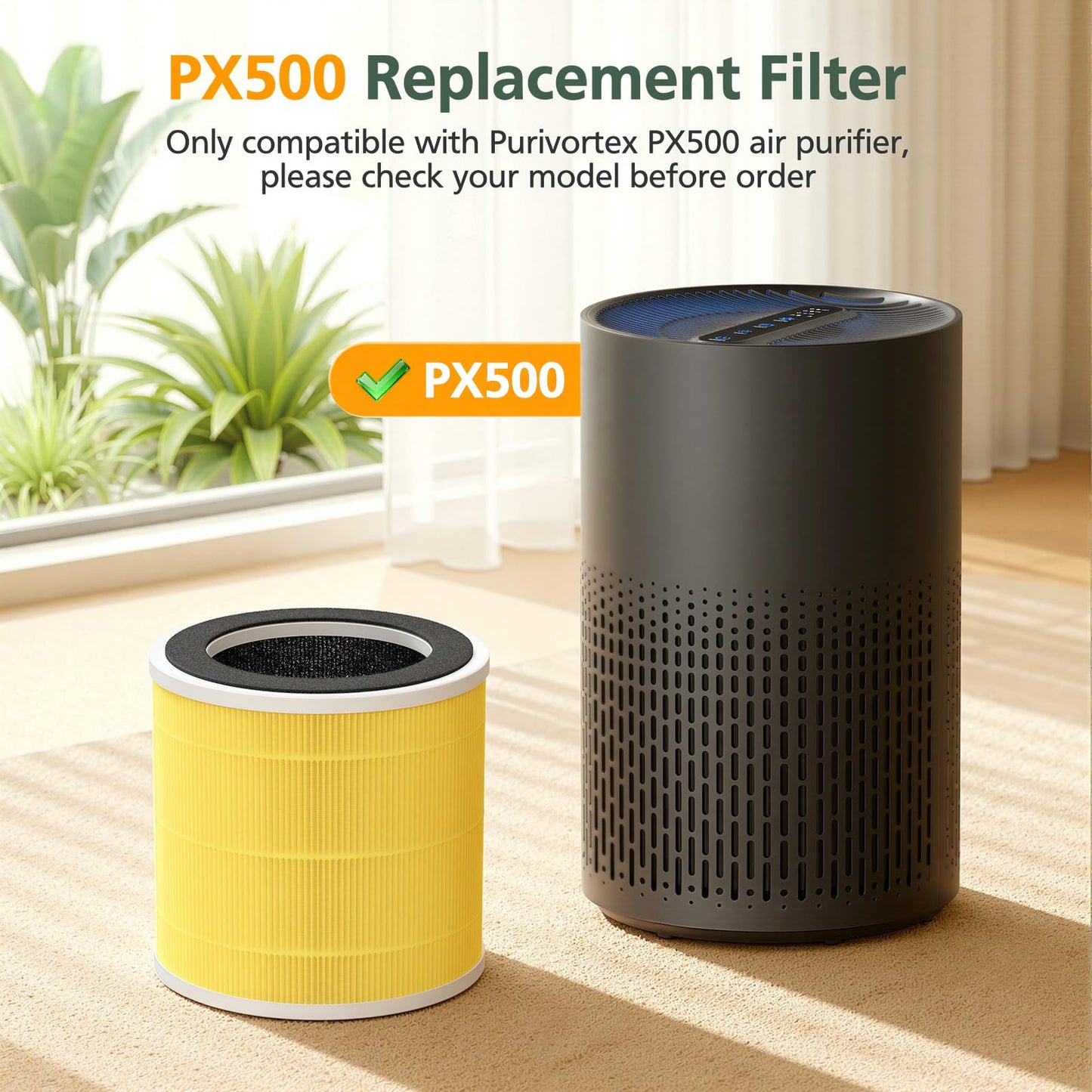2 Pack PX500 Pet Care Replacement Filter for Purivortex PX500 Air Purifier, 3-in-1 HEPA Replacement Filter, Yellow