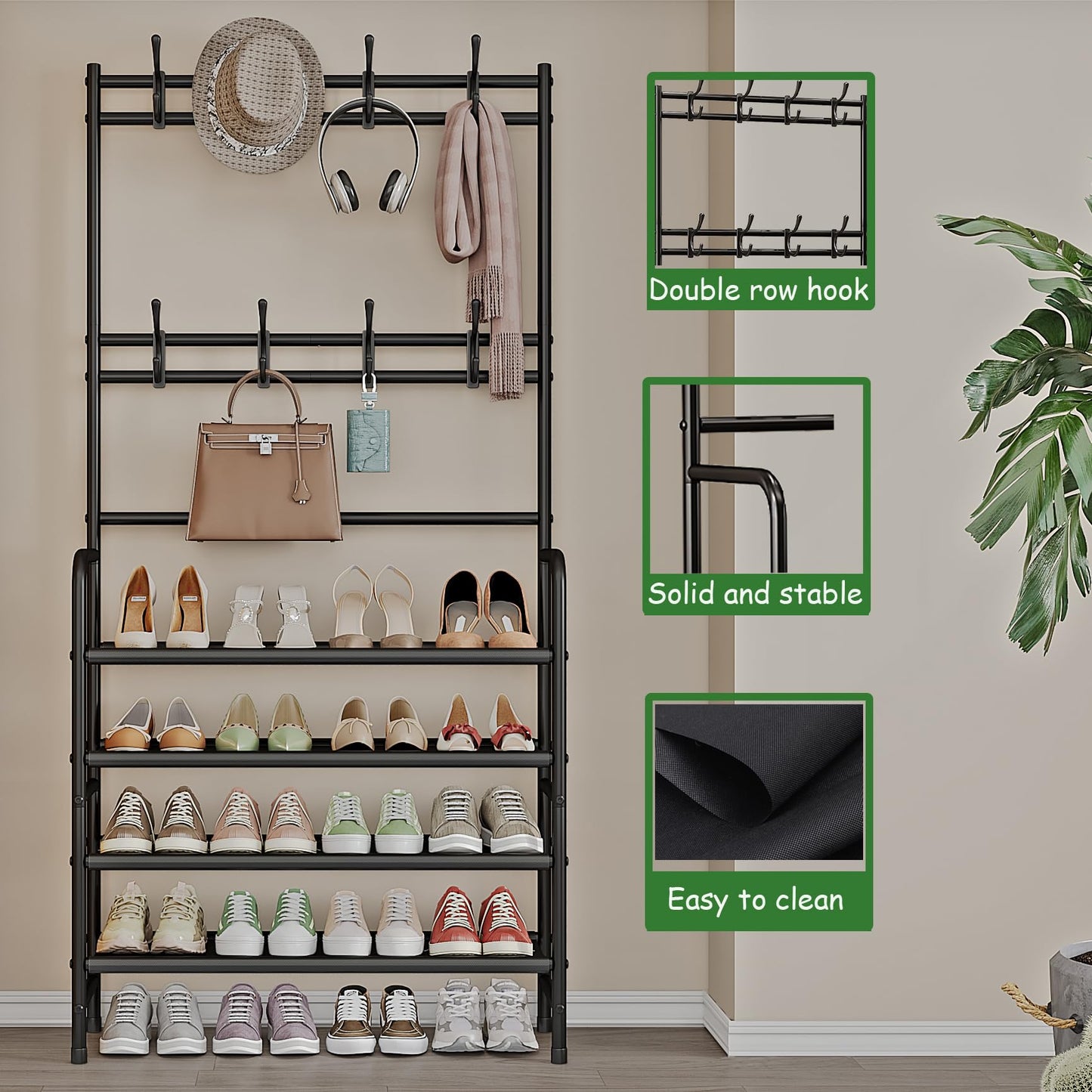 YIZAIJIA Coat Rack Shoe Rack With Storage Shelf Freestanding with 8 Hooks for Entryway Bedroom Closet 4 Tier, Black