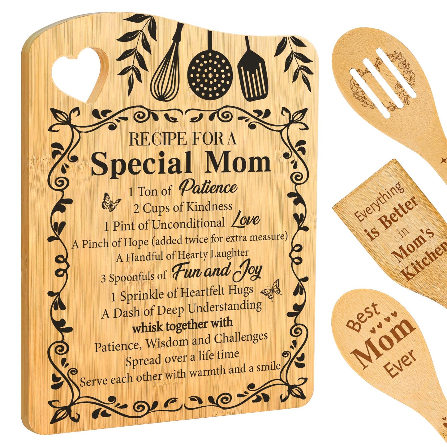 Aremdys Gifts for Mom, Birthday Gifts Valentines Day Gifts for Mom Recipe for A Special Mom Bamboo Cutting Board Gift from Daughter Son, Best Mom Ever Gift Xmas Presents for Mother Stepmom Mommy