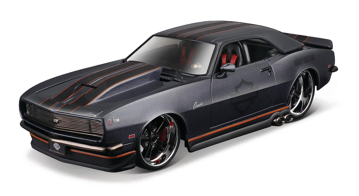 Maisto 1968 Chevrolet Camaro Z/28 Dark Gray Metallic with Black and Orange Stripes Harley Davidson H-D Custom 1/24 Diecast Model Car