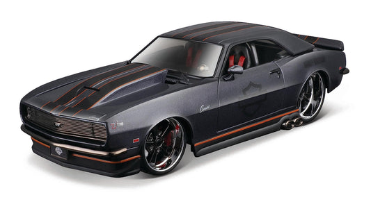 Maisto 1968 Chevrolet Camaro Z/28 Dark Gray Metallic with Black and Orange Stripes Harley Davidson H-D Custom 1/24 Diecast Model Car