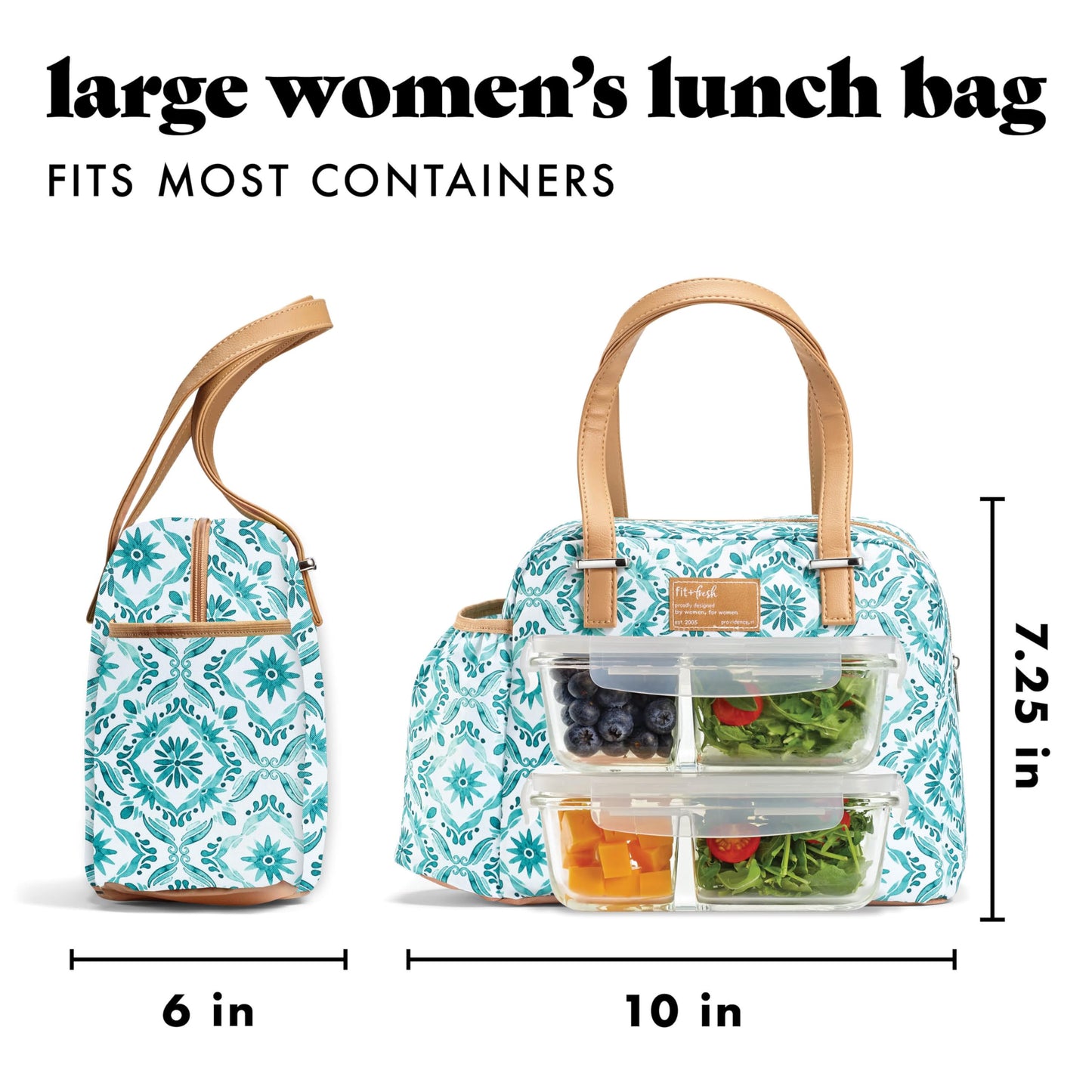 Fit & Fresh Insulated Leakproof & Stain-Resistant Large Lunch Box For Women With Expandable Bottle Pocket, Zipper Closure Laketown Lunch Bag Aqua