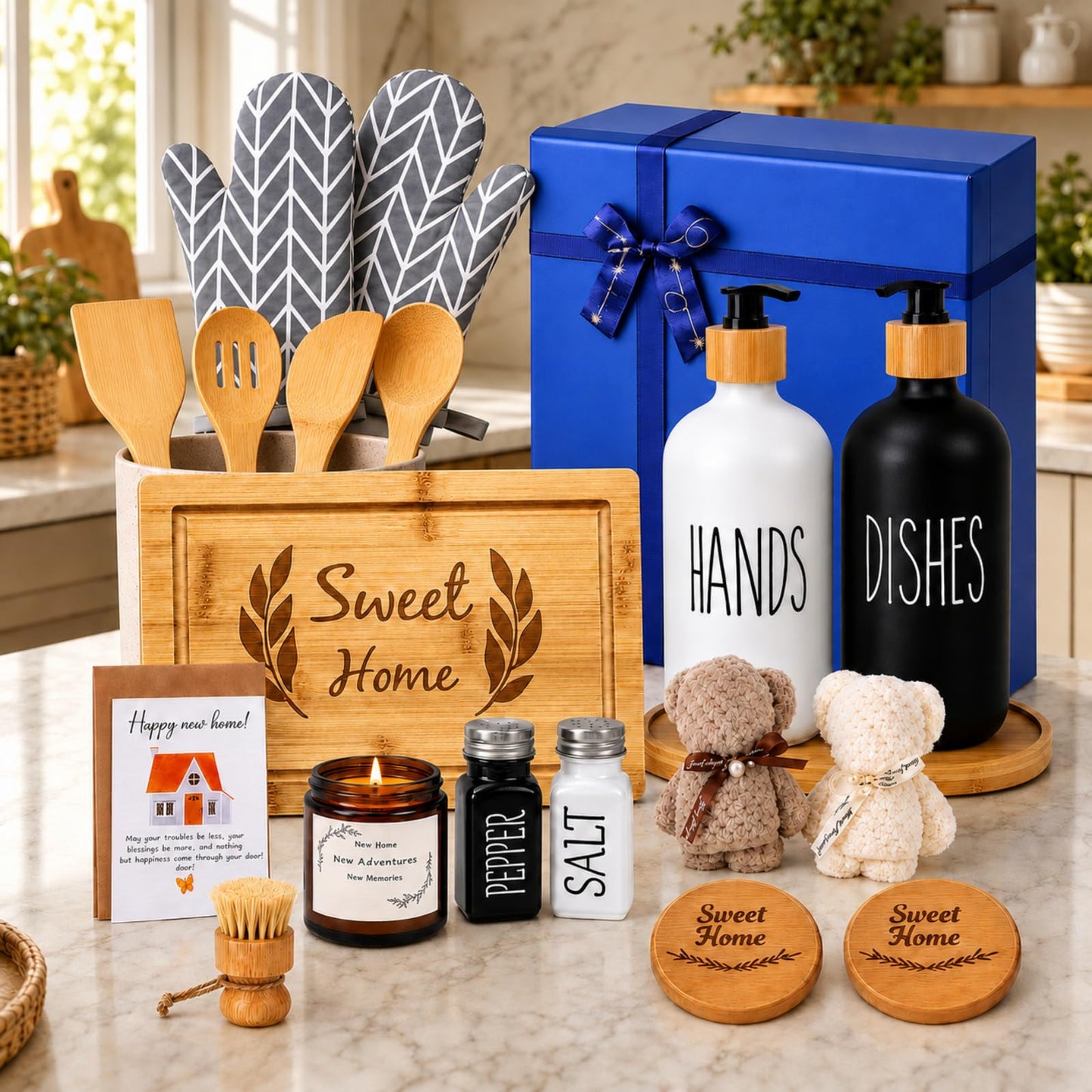 Housewarming Gifts New Home Basket，21-Piece Including Cutting Board, Handwashing Set, and Aromatherapy – Ideal for Housewarming Gift for Couples, New Home Families, and Closing Gifts for Home Buyers