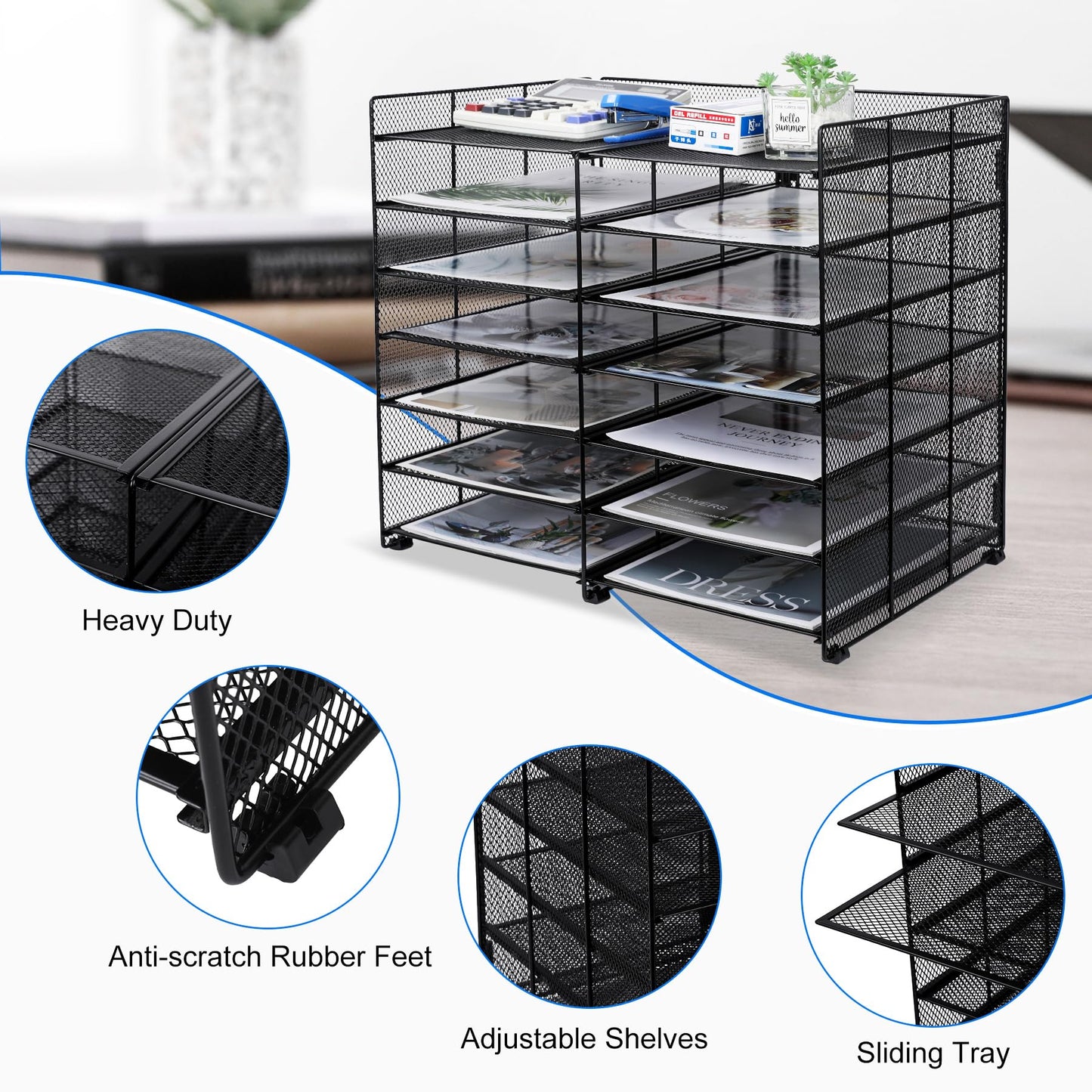 TQVAI 7-Tier Desk Paper Organizer, 12 Slots Mesh Countertop File Mail Organizer, Adjustable Sliding Shelves, Desktop Mailbox Cubbies for Office, Classroom, Black