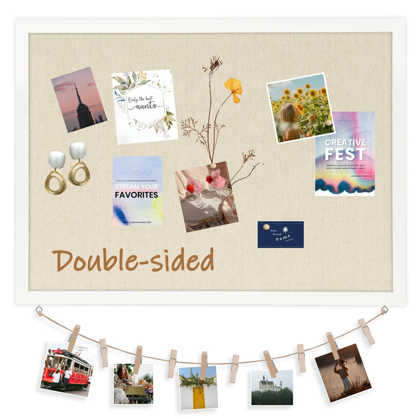 DOLLAR BOSS Cork Board Bulletin Board with Linen Double-Sided 24" x 18" Linen Corkboards for Walls Picture Display Vision Board for Office Home School Framed Picture Pin Board, 20 Pushpins 10 Clips