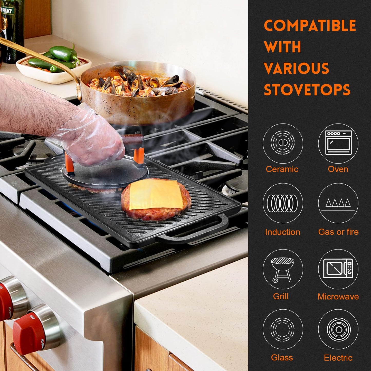 GGC Cast Iron Reversible Grill Griddle，Double Sided Grill Pan Perfect for Gas Grills and Stove Tops, 13 x 8.25 Rectangular Baking Flat and Ribbed Griddle Plate