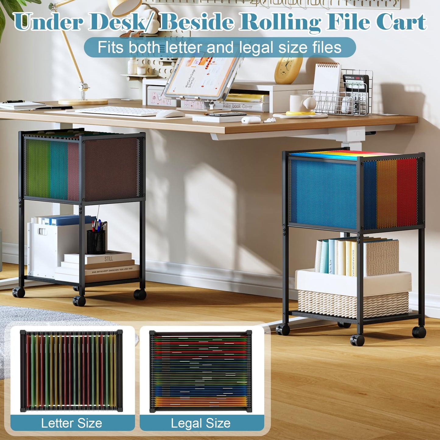 Sbanmao Letter/Legal Rolling File Cart, Narrow Mobile File Cabinet with Wheels Hanging Files, Metal Hanging File Folder Cart File Organizer Under Desk Storage for Home Office, Black