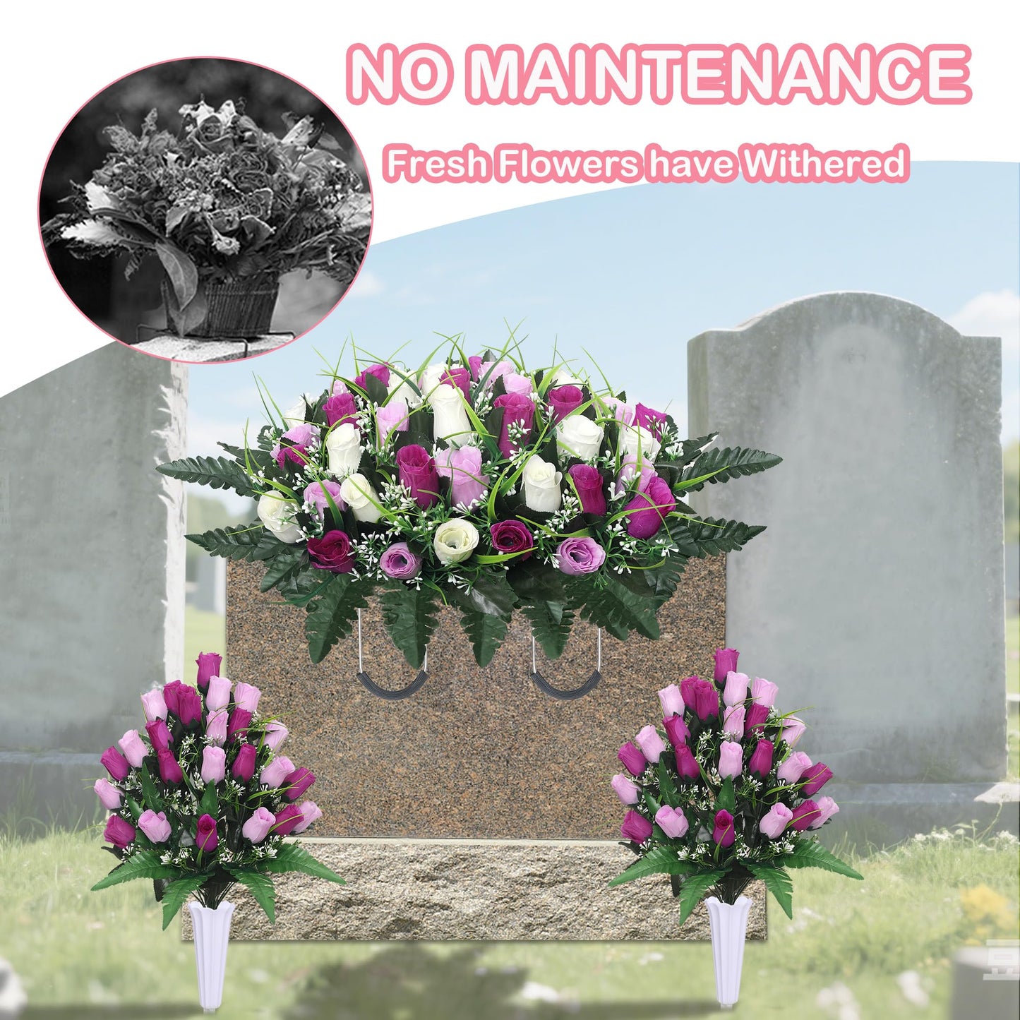 Lodou Artificial Cemetery Flower Saddles for Graves, Cemetery Memorial Flowers with Vase and 2 Memorial Bouquets for Grave Tombstone,Outdoor Grave Saddle Headstone Decorations (Purple White)
